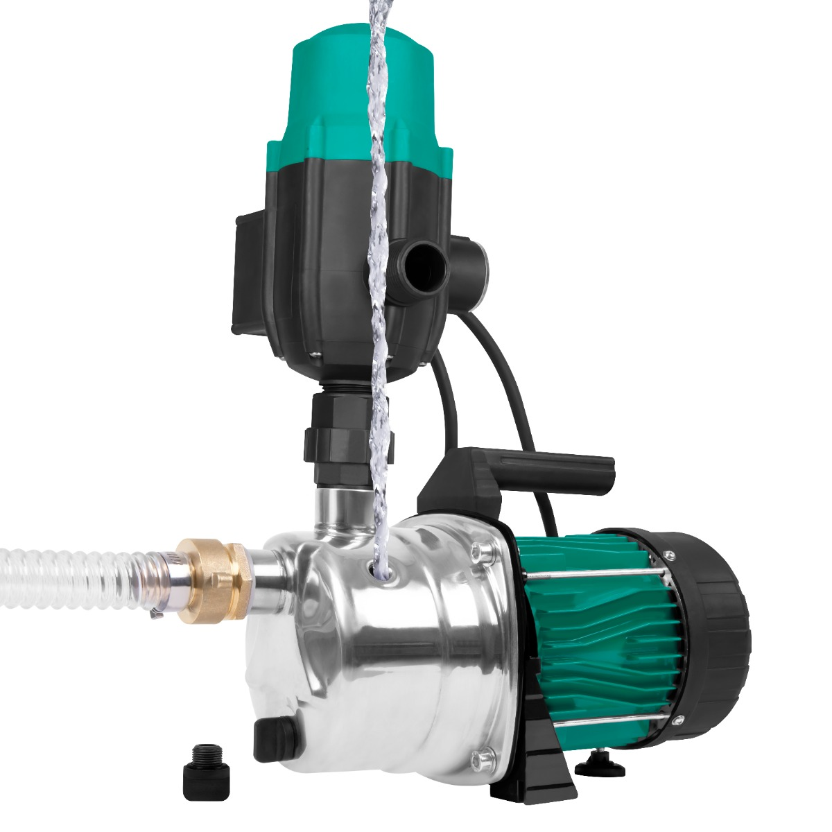 Een waterpomp met groene en zwarte componenten. Water stroomt van bovenaf. Er is ook een slang en een zwarte dop.
