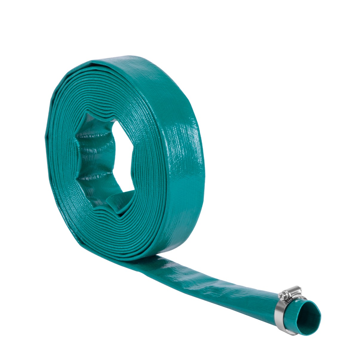 Een opgerolde teal-kleurige slang met een metalen klem aan het uiteinde, tegen een witte achtergrond. De slang is netjes opgerold.