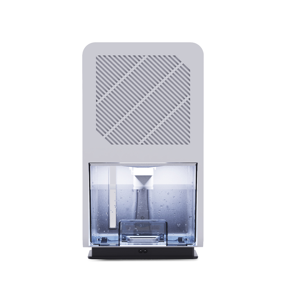 Biały zbiornik na wodę z przezroczystym pojemnikiem wypełnionym wodą. Na górze wzorzysty otwór wentylacyjny. Podstawa jest czarna z gniazdkami.