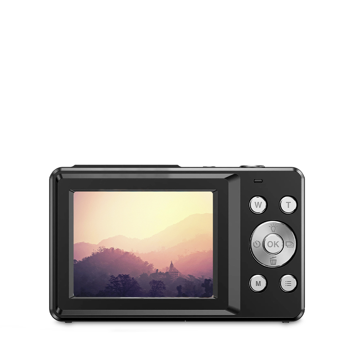 Tył czarnego aparatu cyfrowego. Wyświetlacz pokazuje krajobraz z górami, drzewami i pagodą. Przyciski po prawej.