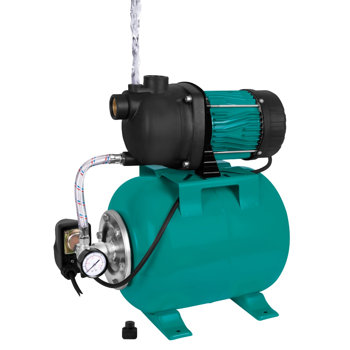 Een turquoise waterpomp met zwarte motor en tank. Water stroomt uit de pomp. Een manometer is zichtbaar. Een zwarte dop ligt eronder.