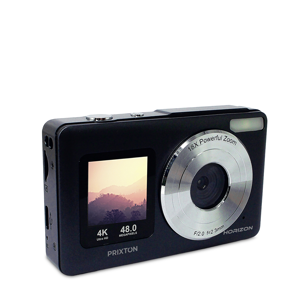 Czarny aparat cyfrowy z ekranem pokazującym krajobraz. Ma obiektyw z zoomem i wyświetla 4K, 48,0 megapikseli oraz Horizon.