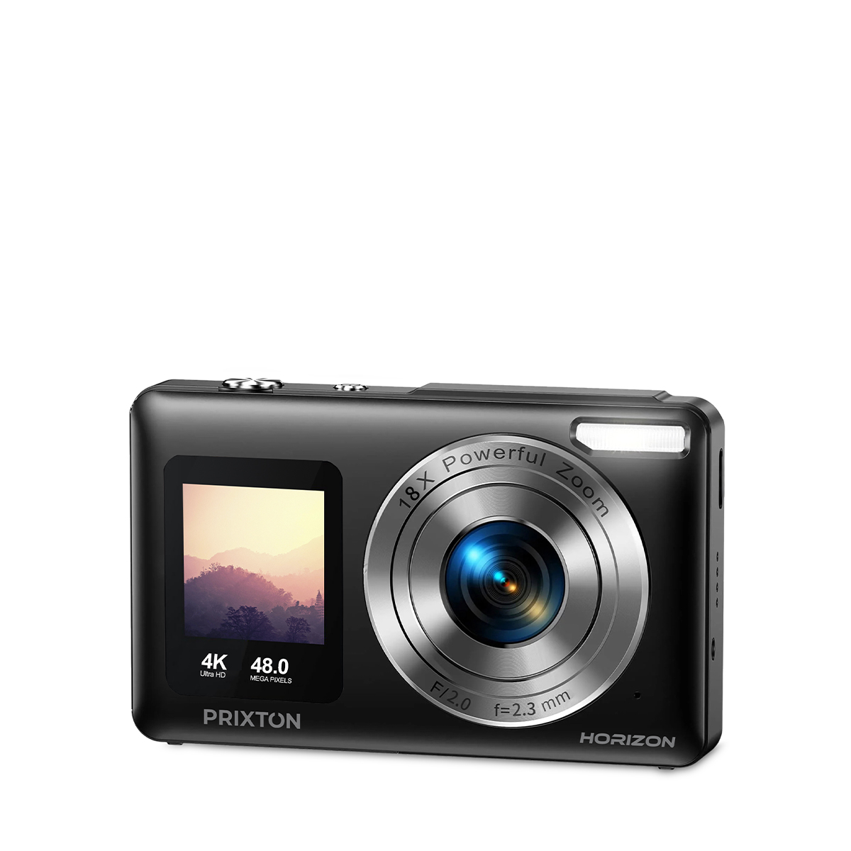 Wyświetlany jest czarny aparat cyfrowy. Posiada obiektyw z 18-krotnym zoomem, ekran pokazujący krajobraz i markę PRIXTON.