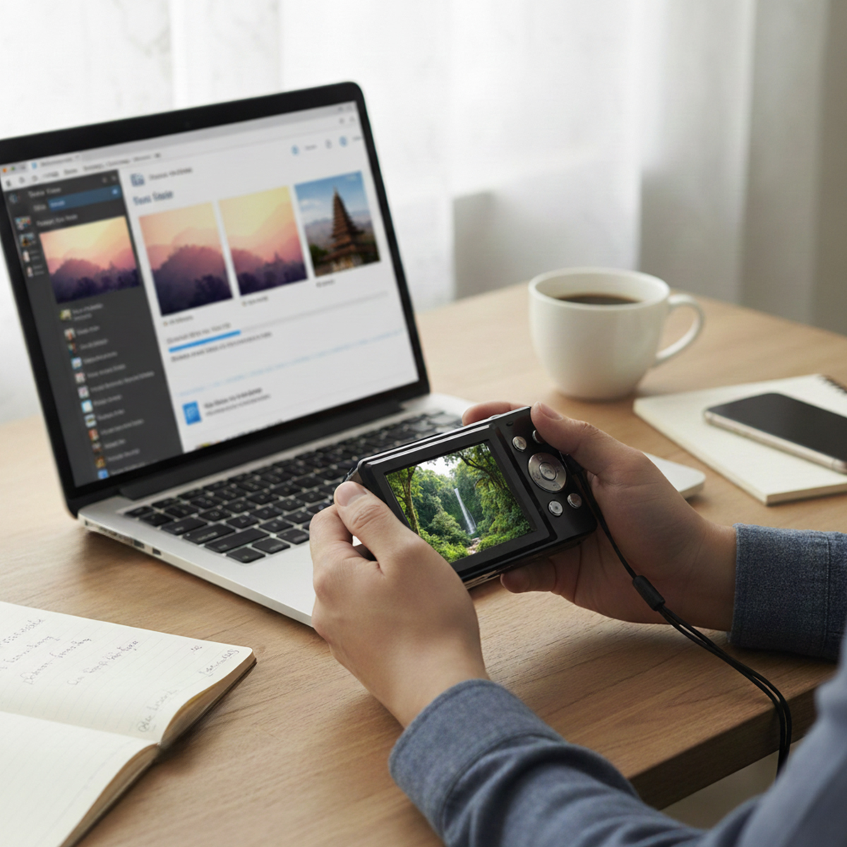 Osoba trzyma aparat wyświetlający obraz wodospadu. Laptop, filiżanka kawy, notatnik i telefon leżą na drewnianym biurku.