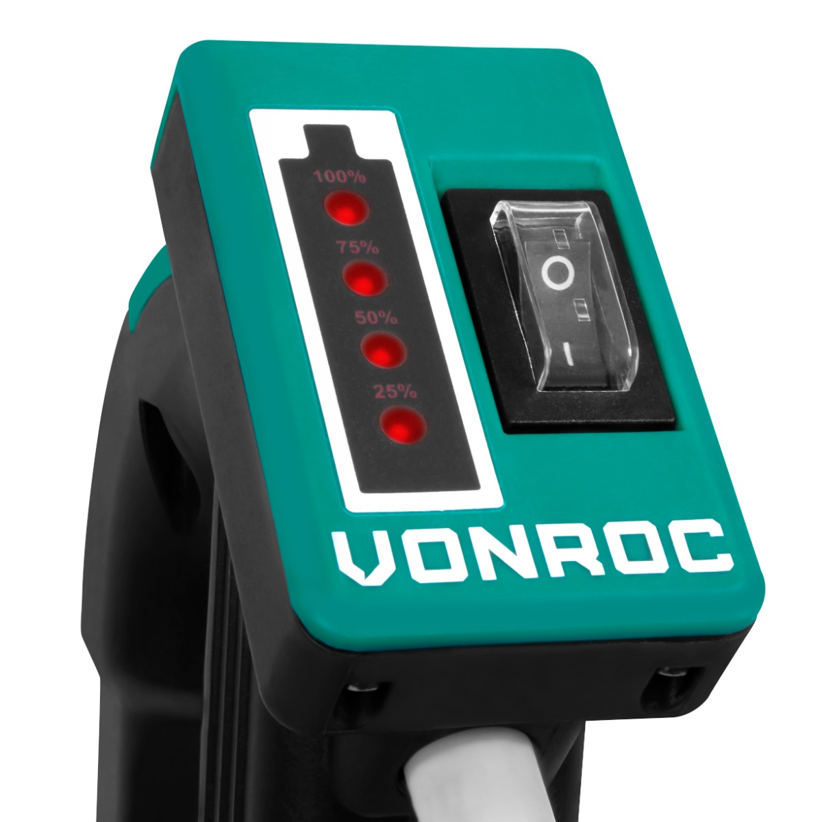 Een groen en zwart apparaat dat de batterijduur weergeeft met rode lampjes. Het heeft een schakelaar en de merknaam VONROC.