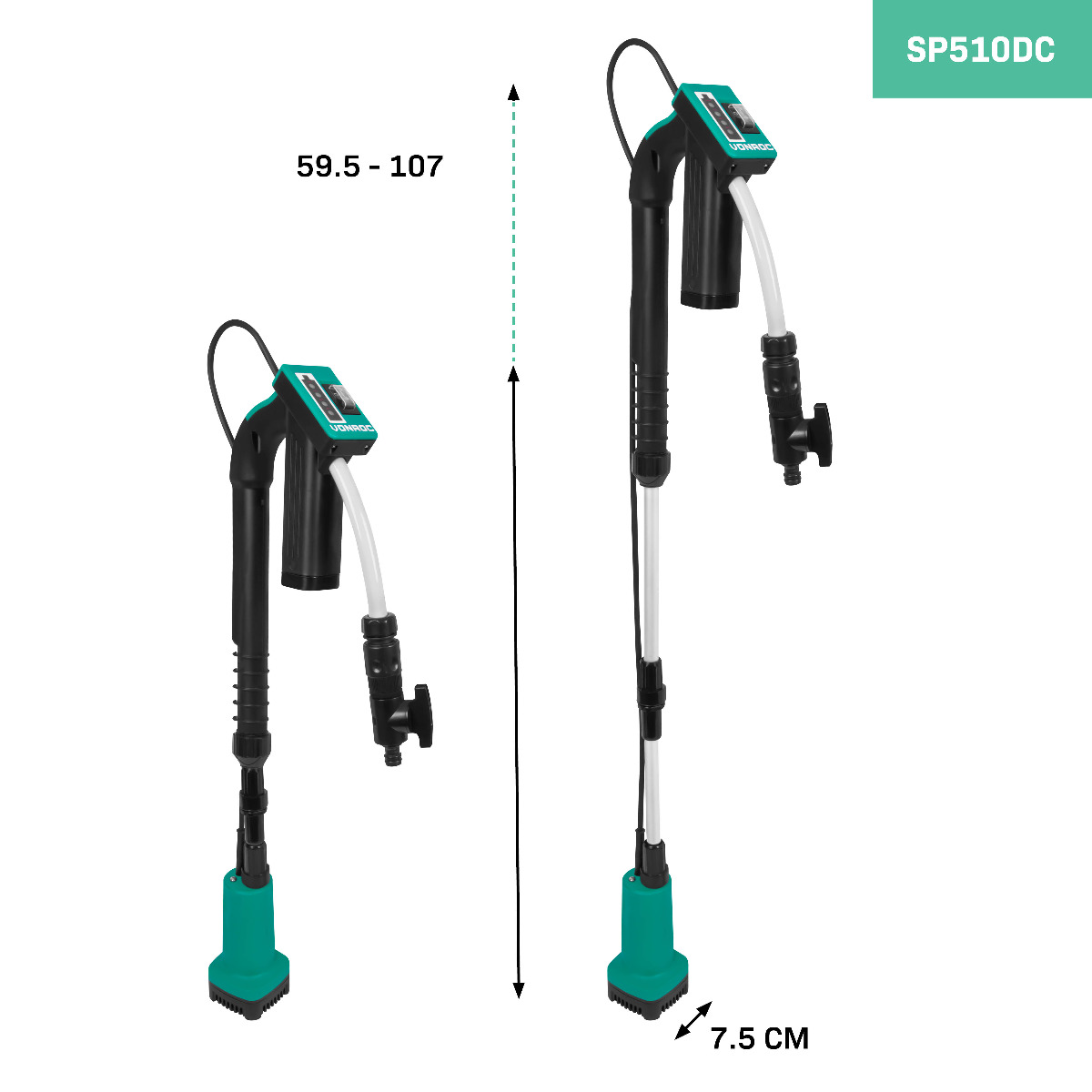 Twee zwart-groene waterpompen met afmetingen. De rechter is groter. De modelnaam is SP510DC.