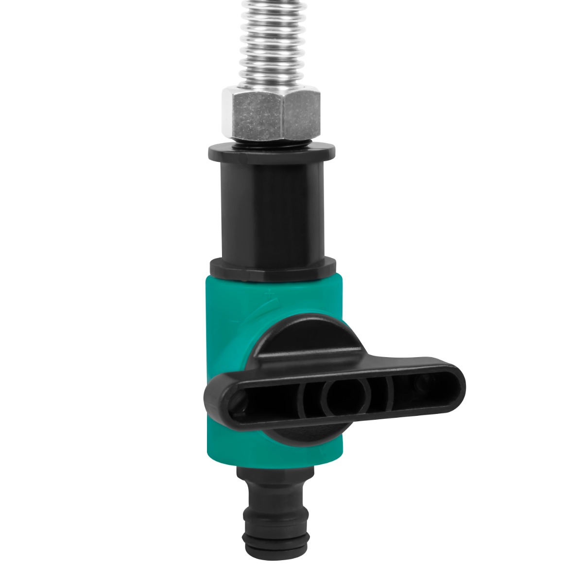 Close-up van een waterklep. De klep is teal en zwart, met een zilveren metalen slang. De hendel is zwart.