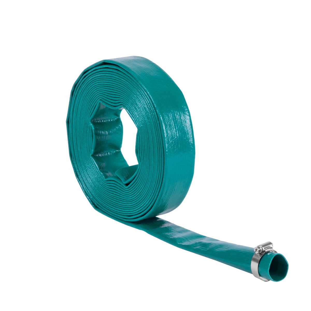 A rolled-up teal hose lies on a white background. The hose has a metal clamp on one end. The background is plain white.