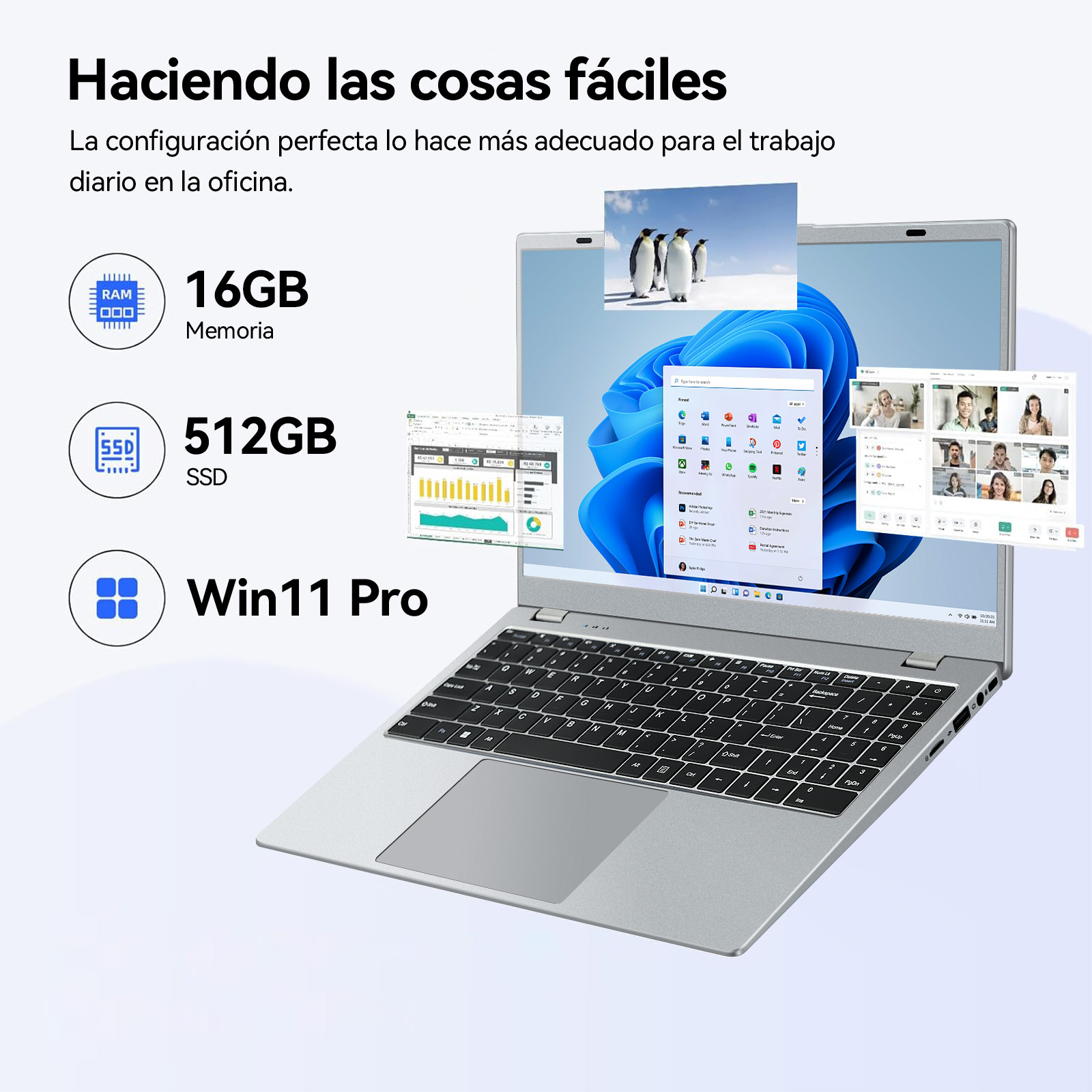 Portátil plateado con Windows 11, múltiples ventanas abiertas, incluyendo videollamada. 16GB RAM y 512GB SSD.