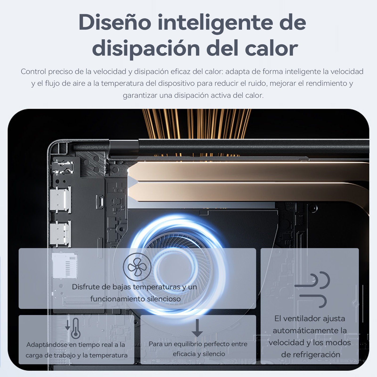 Diagrama de un sistema de refrigeración. Texto en español describe la disipación de calor, ventilador, temperatura y silencio.