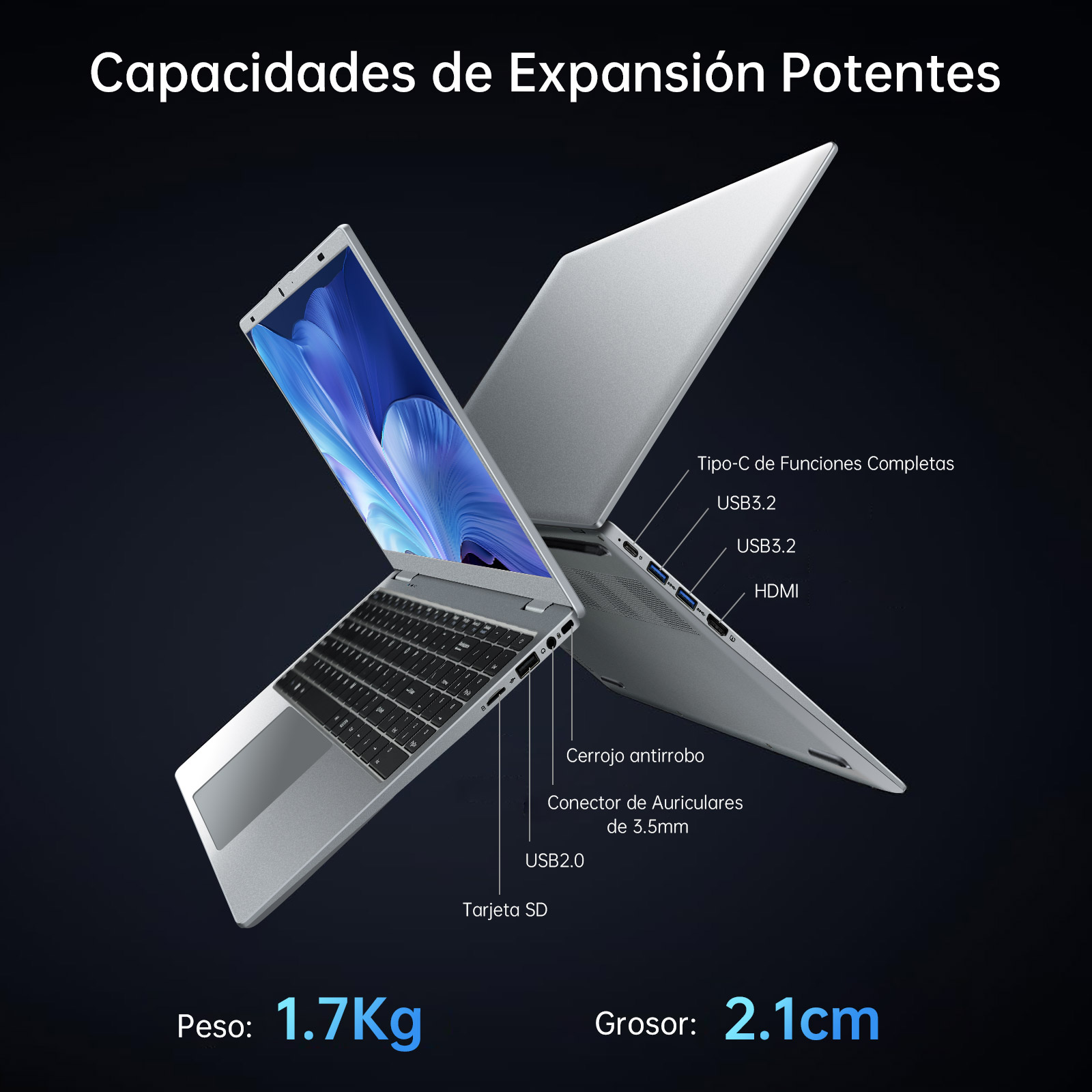 Un portátil plateado está abierto, mostrando el teclado y la pantalla. Los puertos están etiquetados. El texto menciona peso, grosor y expansión.