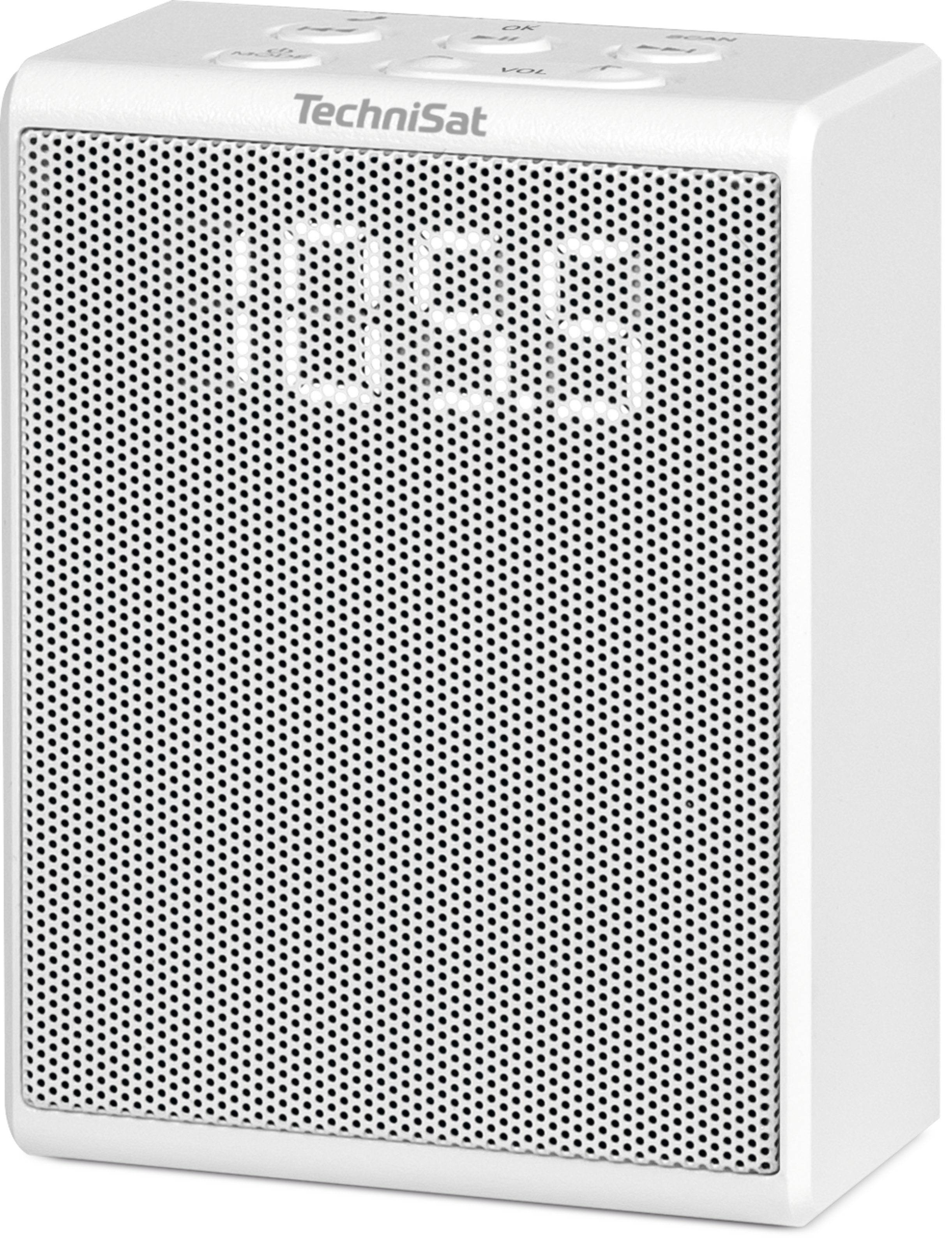 Weißes TechniSat-Radio mit perforiertem Lautsprecher und Digitalanzeige mit '10:56'. Tasten oben.
