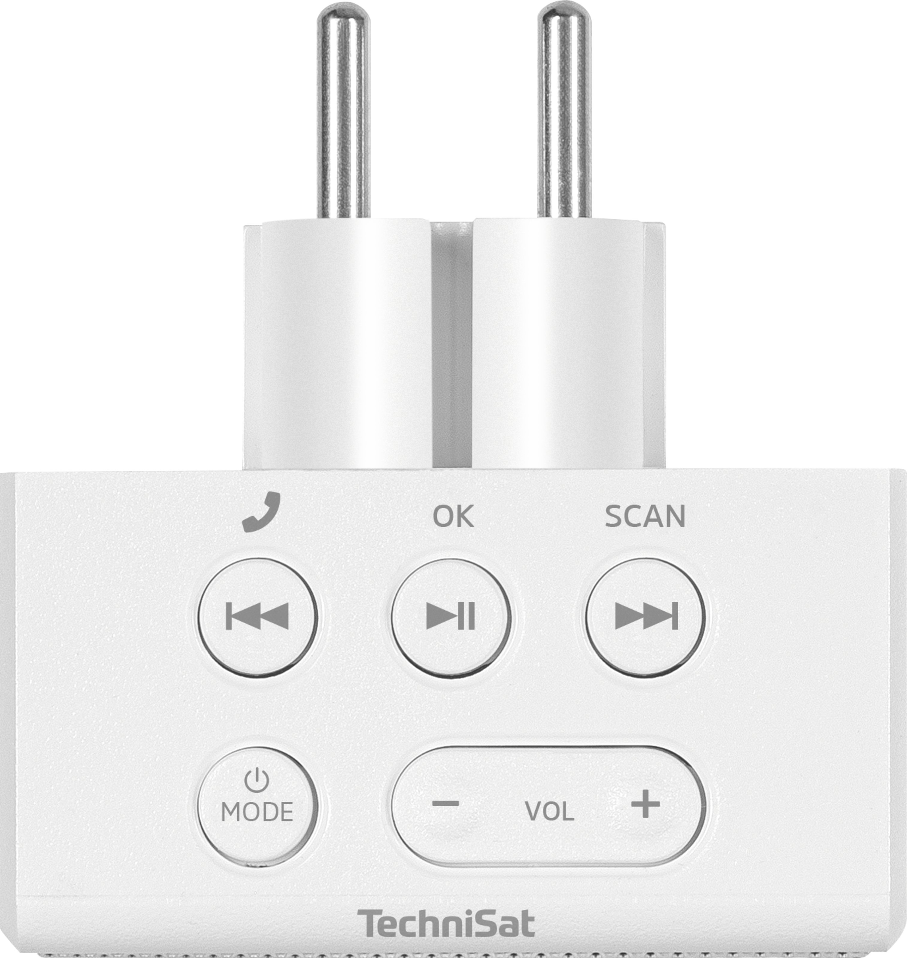 Weißes TechniSat-Gerät mit Stecker, Tasten für Telefon, OK, Scan, Modus, Lautstärkeregler und Wiedergabe.