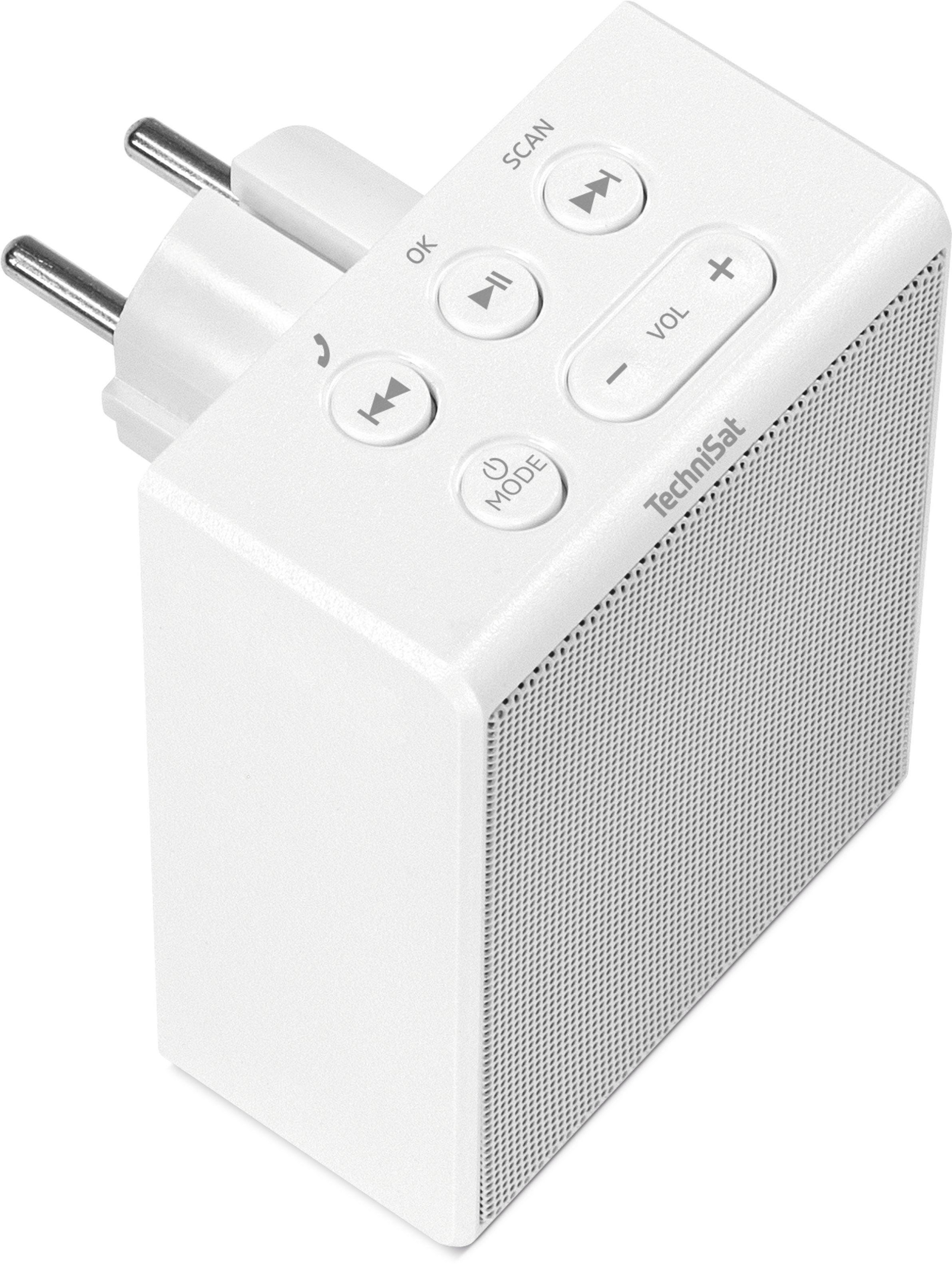 Ein weißes TechniSat-Radio mit Knöpfen und Stecker. Der Lautsprecher hat eine Mesh-Front.
