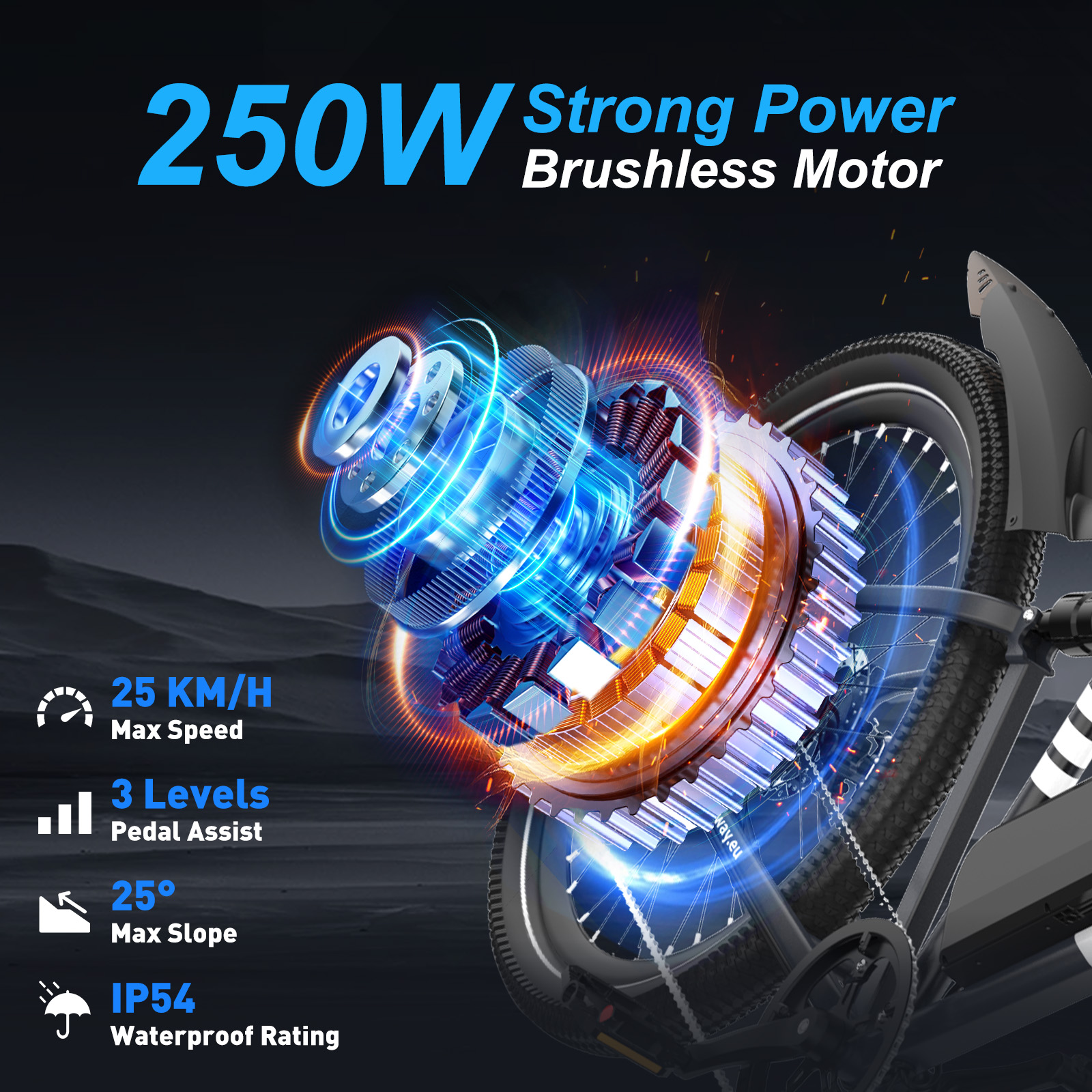 Silnik roweru elektrycznego ze specyfikacjami: 250W, 25 KM/H prędkość maks., 3 poziomy wspomagania pedałowania, IP54.