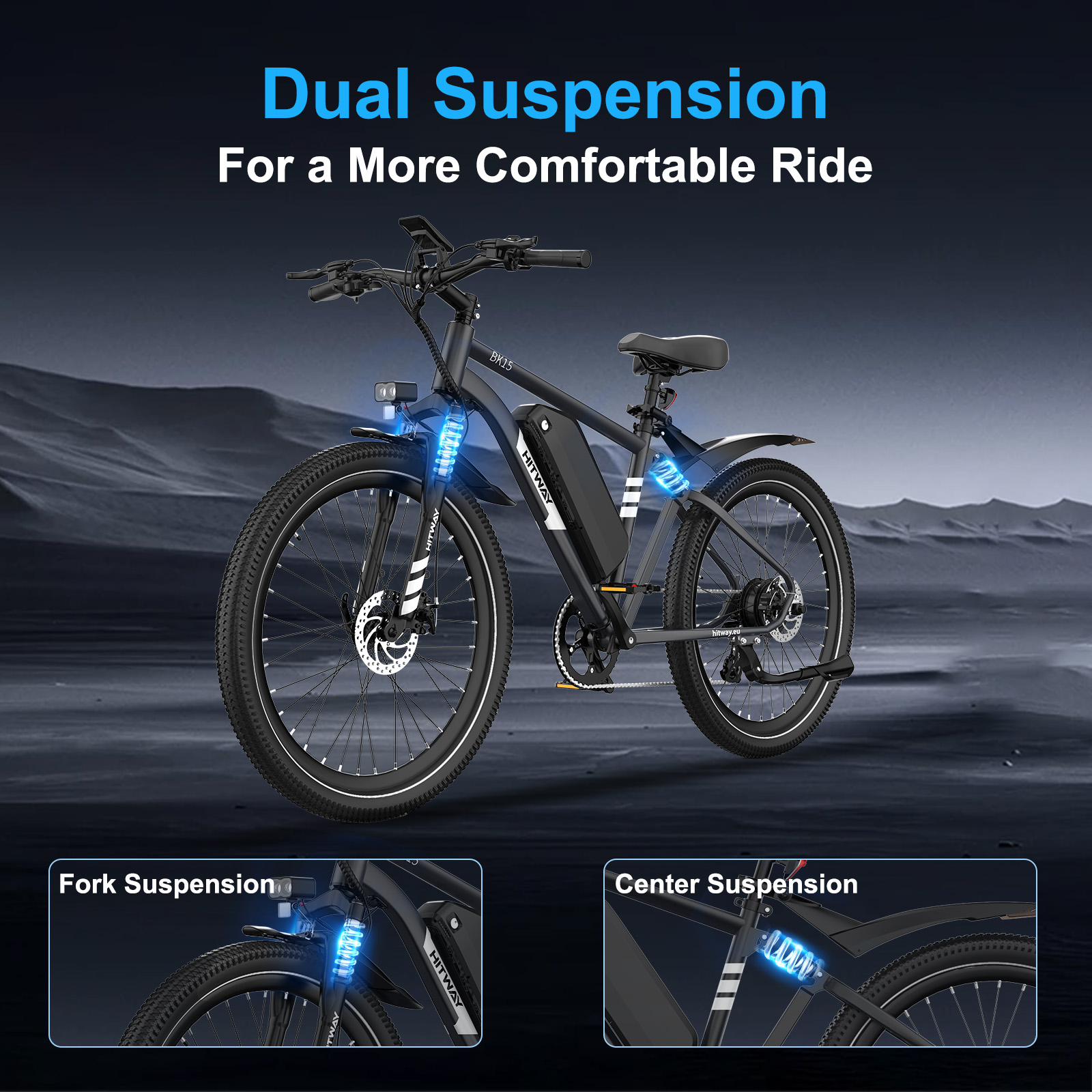 Czarny rower elektryczny z podwójnym zawieszeniem. Tekst brzmi „Dual Suspension”. Pokazano szczegóły zawieszenia przedniego i centralnego.