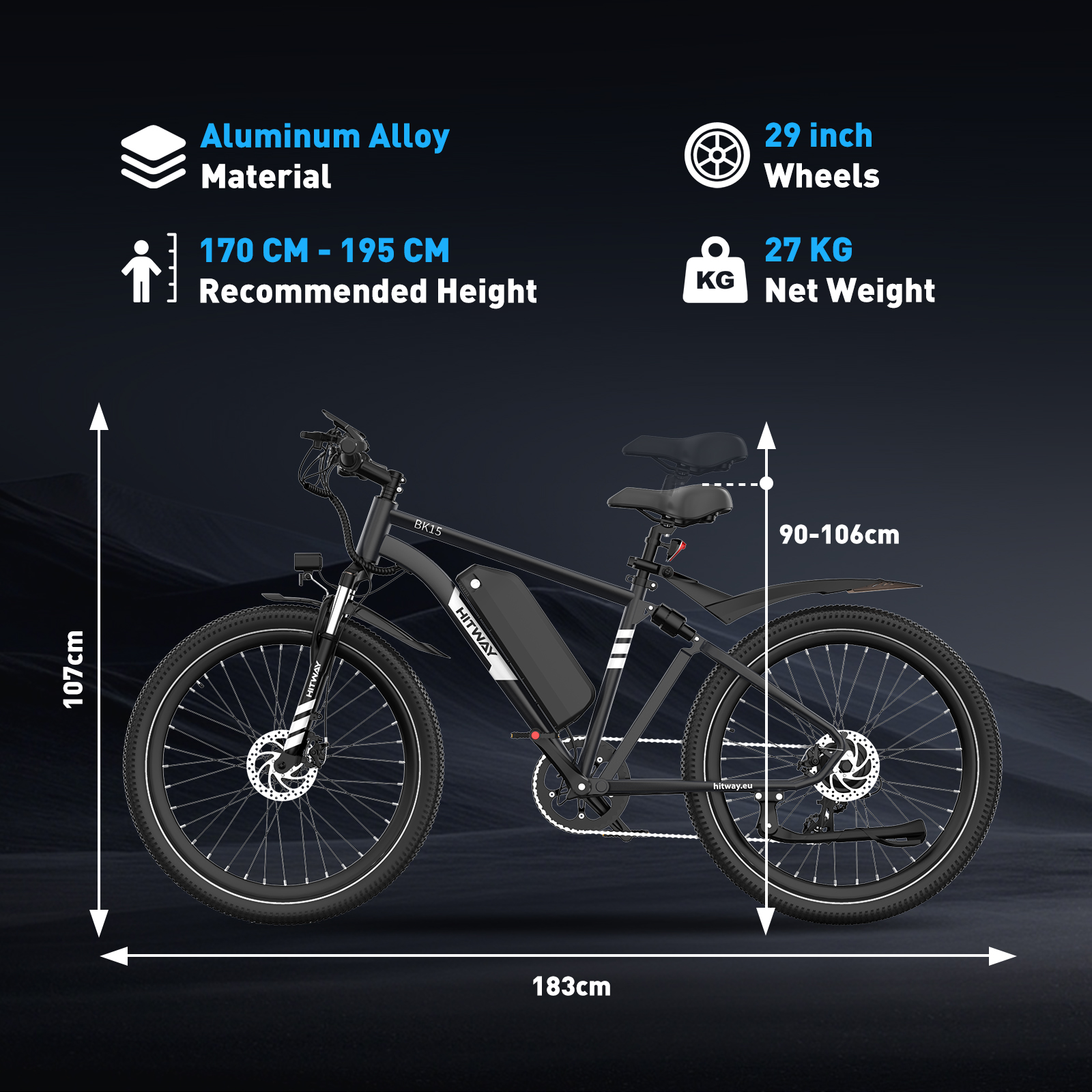 Czarny rower elektryczny HITWAY BK15. Specyfikacje obejmują stop aluminium, 29-calowe koła i wagę netto 27 kg.