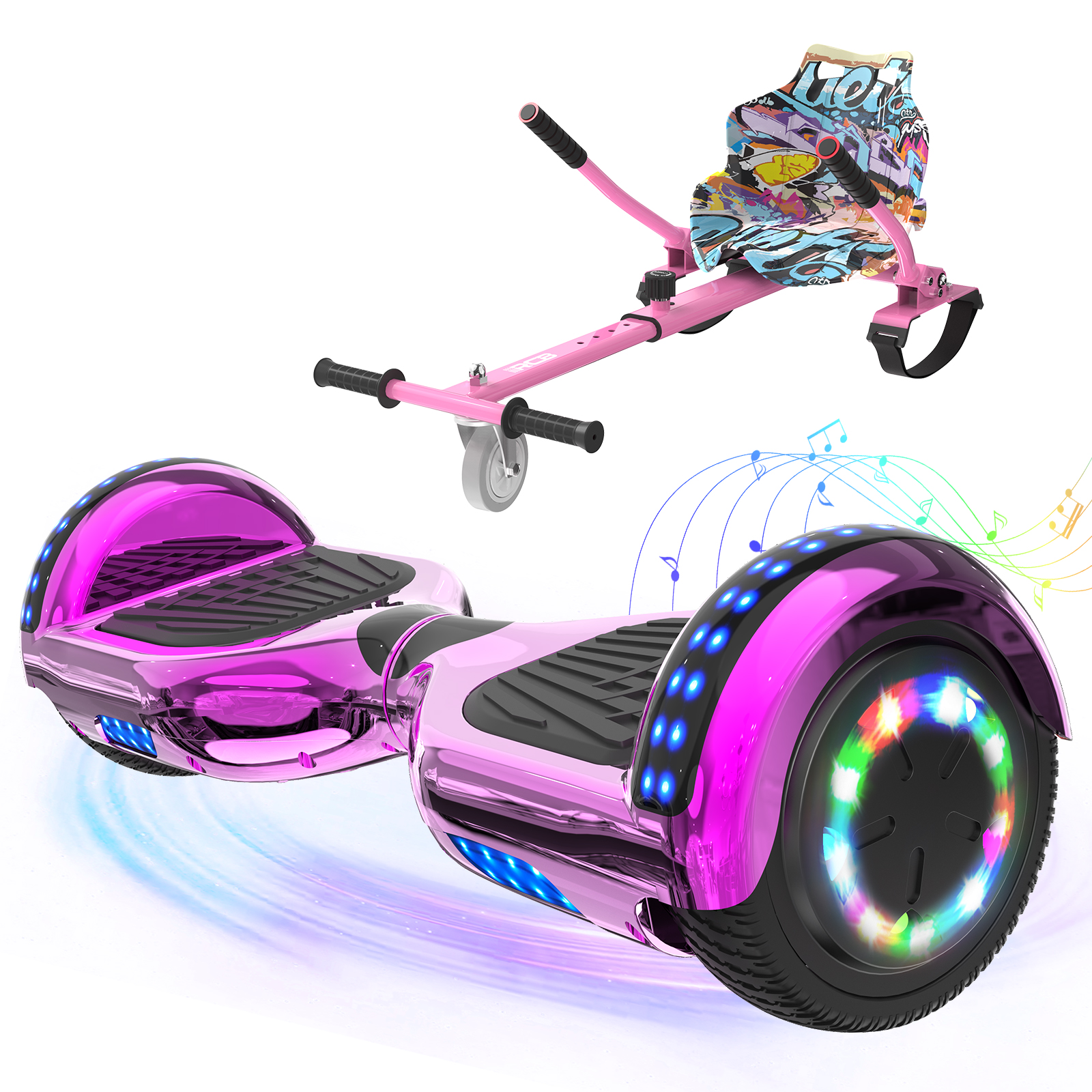 Roze hoverboard en roze kar. Het hoverboard heeft kleurrijke lichten. De kar heeft een zitting met graffiti-kunst.