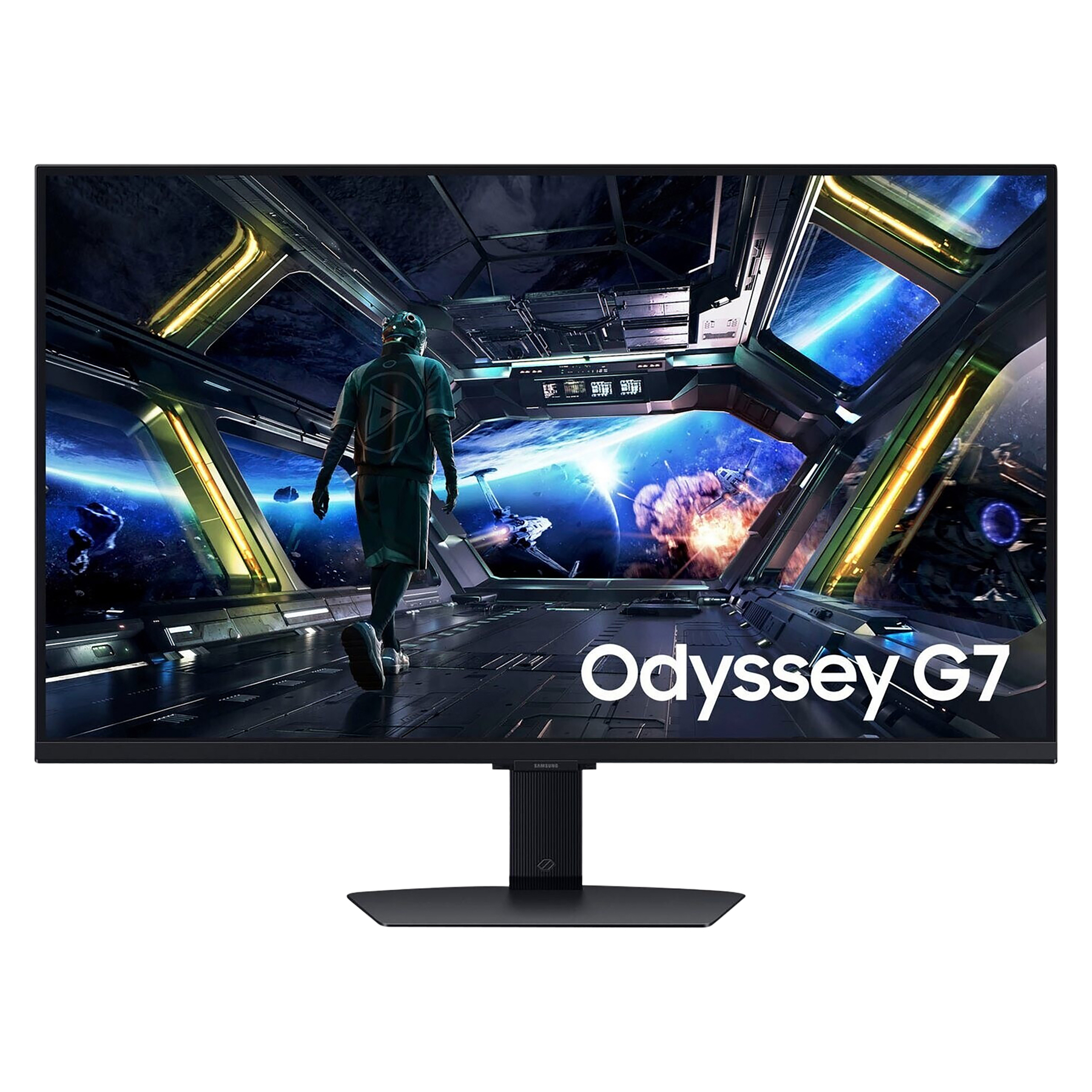 Monitor wyświetla scenę kosmiczną z osobą idącą. Monitor jest oznaczony jako "Odyssey G7".