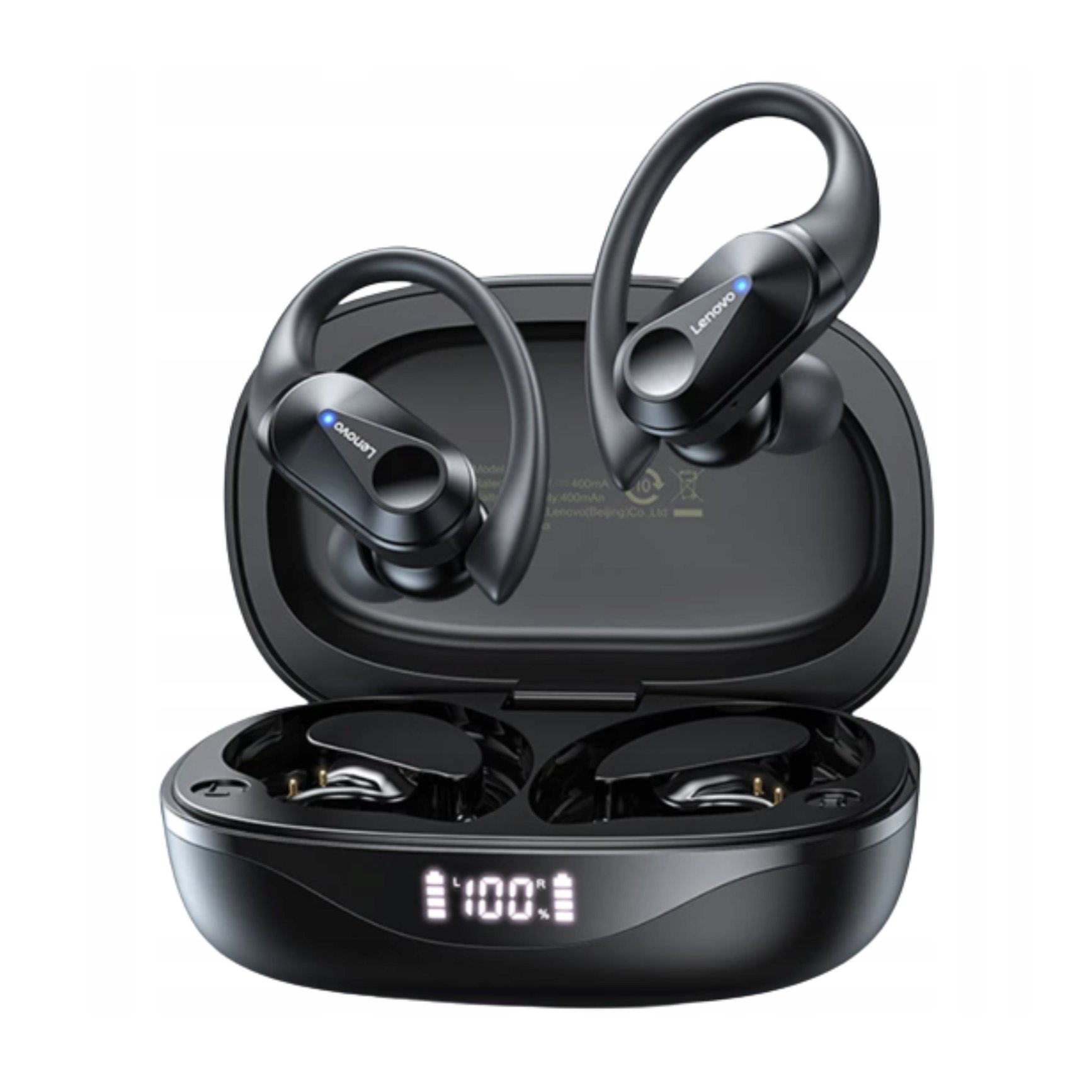 Auriculares Lenovo negros en estuche de carga. El estuche muestra el 100% de carga. Los auriculares tienen ganchos.