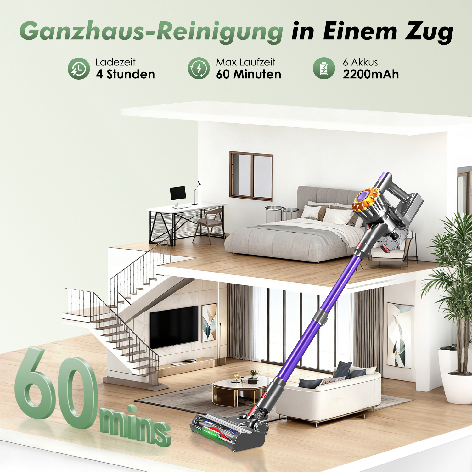Eine Illustration zeigt einen Staubsauger in einem modernen Haus. Es zeigt die Reinigung eines Wohn- und Schlafzimmers mit Text, der 60 Minuten Laufzeit angibt.