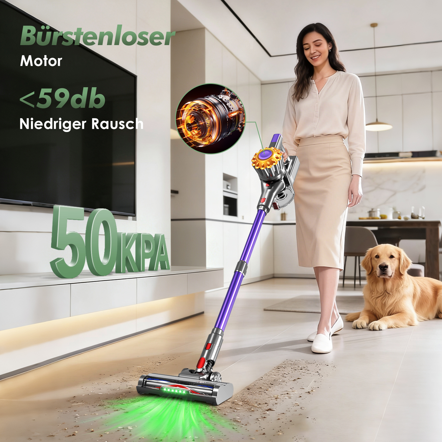 Eine Frau saugt den Boden mit einem kabellosen Staubsauger. Ein Golden Retriever sitzt in der Nähe. Text weist auf bürstenlosen Motor und geringe Geräusche hin.