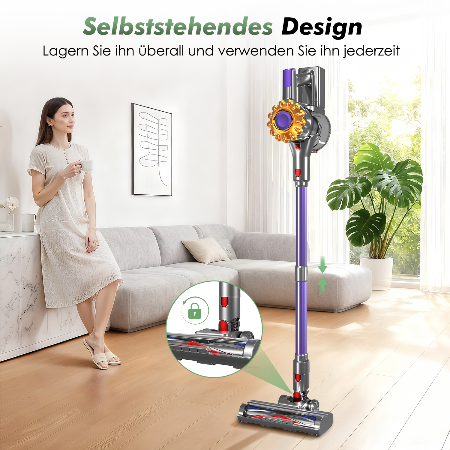 Eine Frau steht neben einem Sofa. Ein kabelloser Staubsauger steht aufrecht. Eine Topfpflanze befindet sich rechts. Details sind im Einsatz.