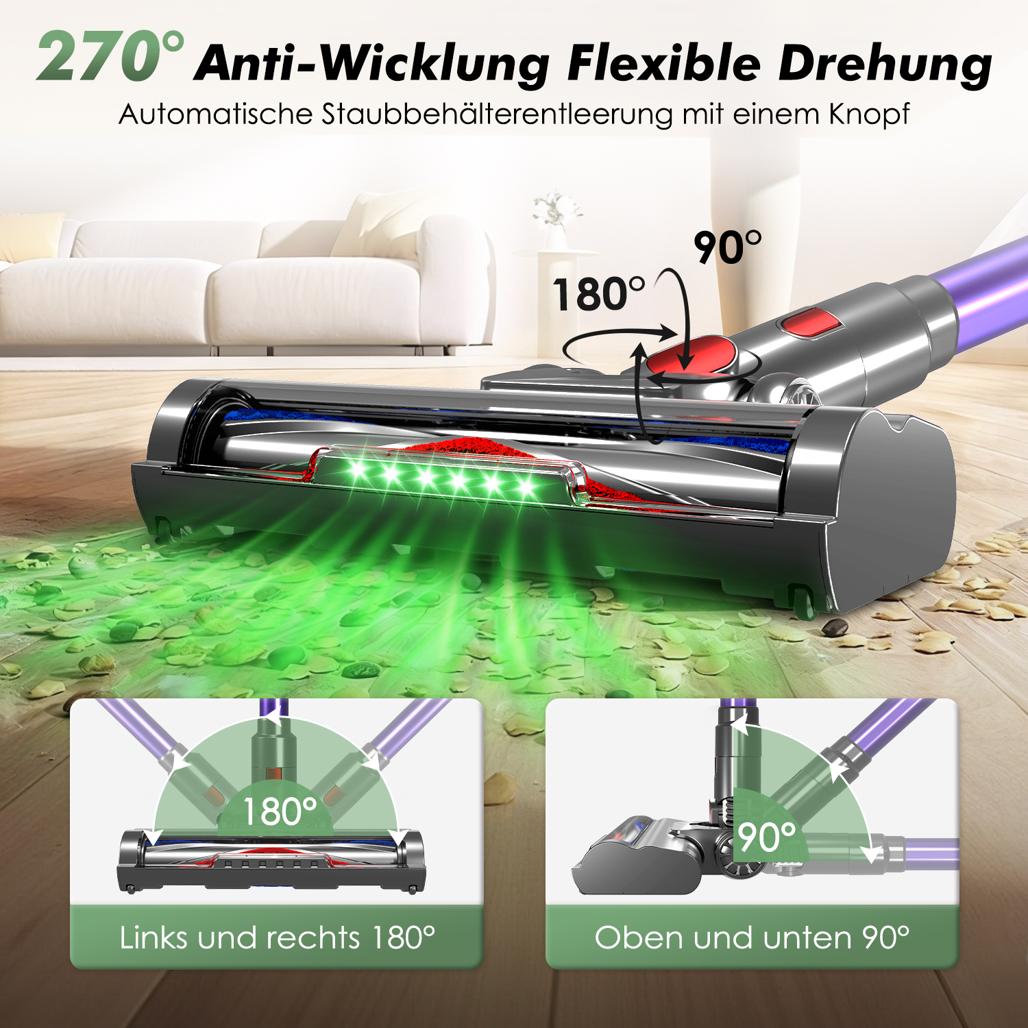 Ein Staubsaugerkopf mit grünen Lichtern. Diagramme zeigen 180- und 90-Grad-Drehung. Text auf Deutsch beschreibt Merkmale und Drehwinkel.