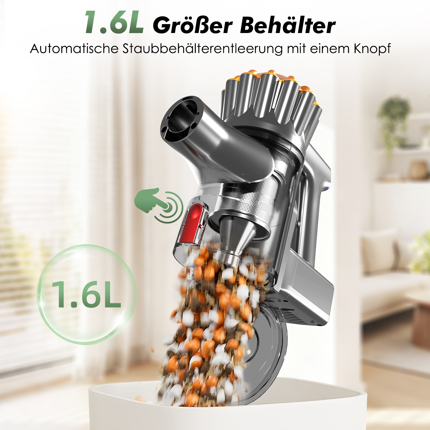 Ein silberner Staubsauger mit rotem Knopf. Schmutz wird in einen weißen Behälter geleert. Text: 1,6L und 'Größer Behälter'.