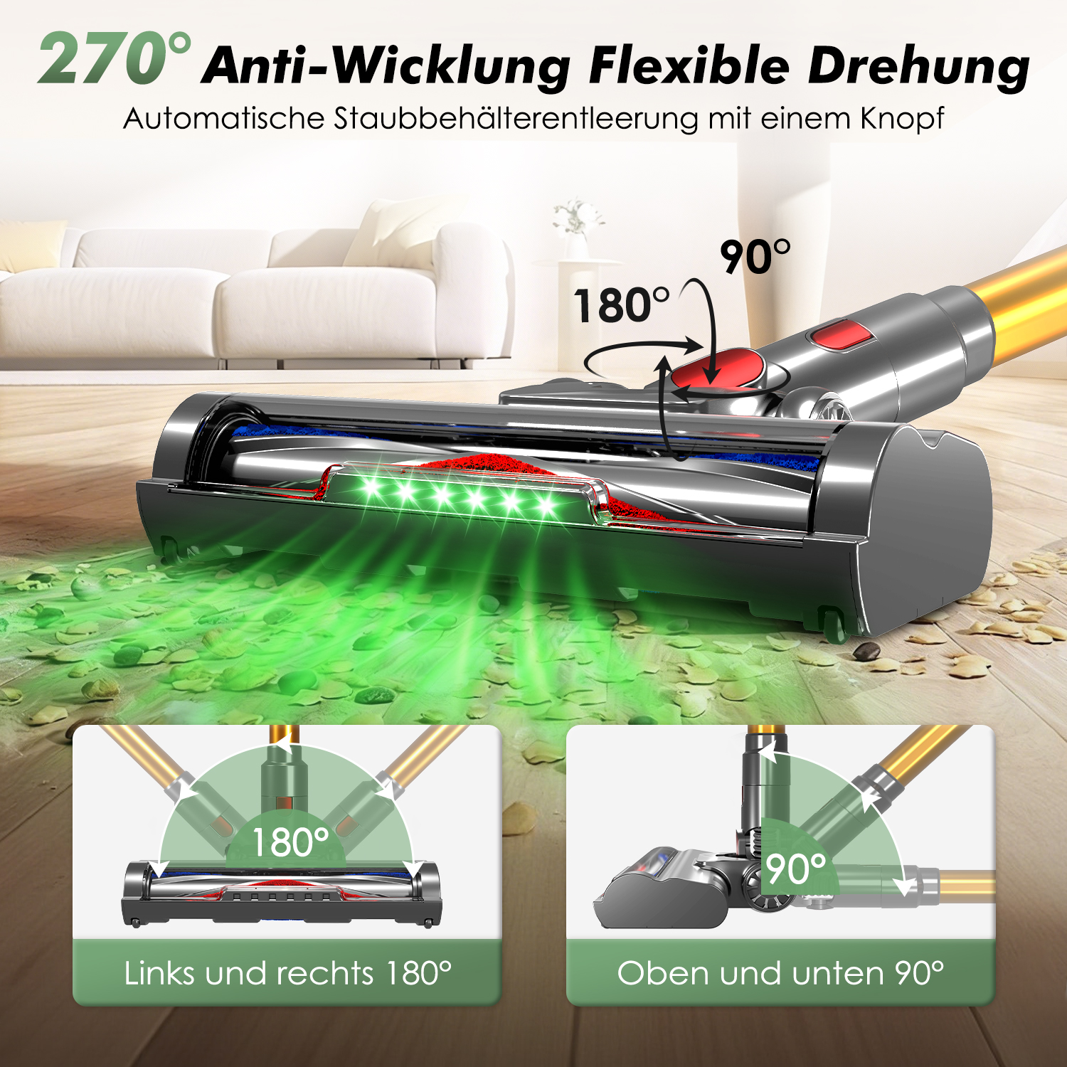 Staubsaugerkopf mit LED-Leuchten, 180- und 90-Grad-Bewegung und Text auf Deutsch. Der Hintergrund zeigt einen Holzboden und eine Couch.