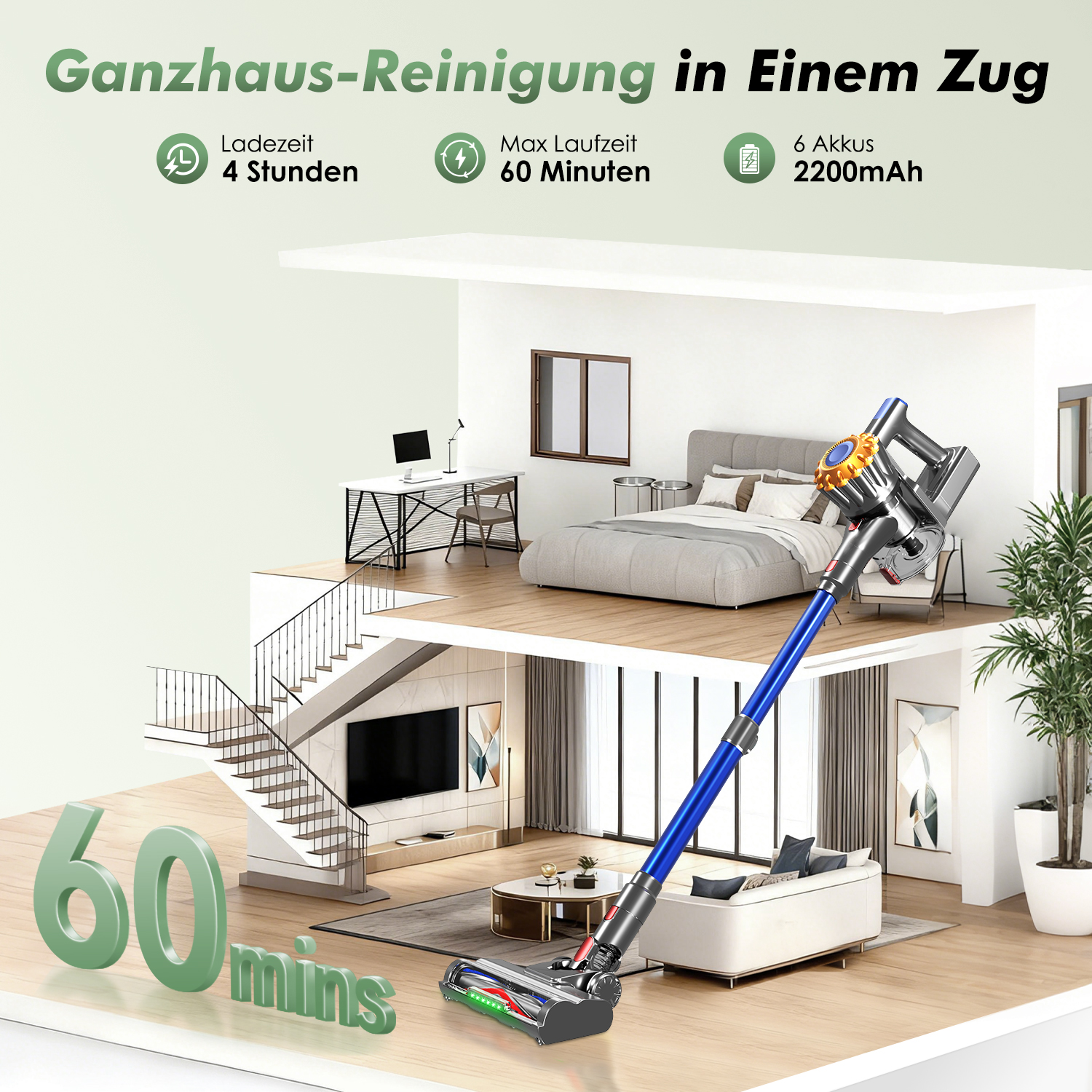 Ein Staubsauger wird in einer Hausillustration gezeigt. Text zeigt 4h Laden, 60 min Laufzeit und 6 Batterien. Die Szene umfasst Räume.