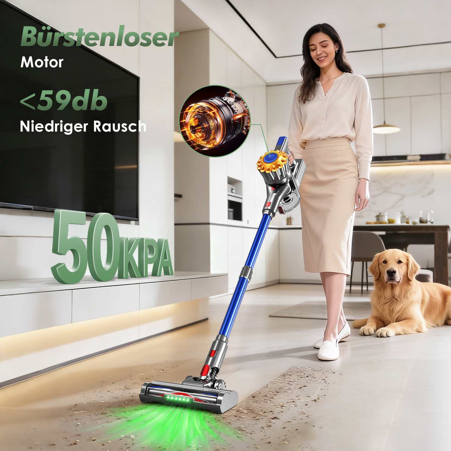 Eine Frau saugt den Boden mit einem blauen und silbernen Staubsauger. Ein Golden Retriever liegt daneben. Text links zeigt Spezifikationen.