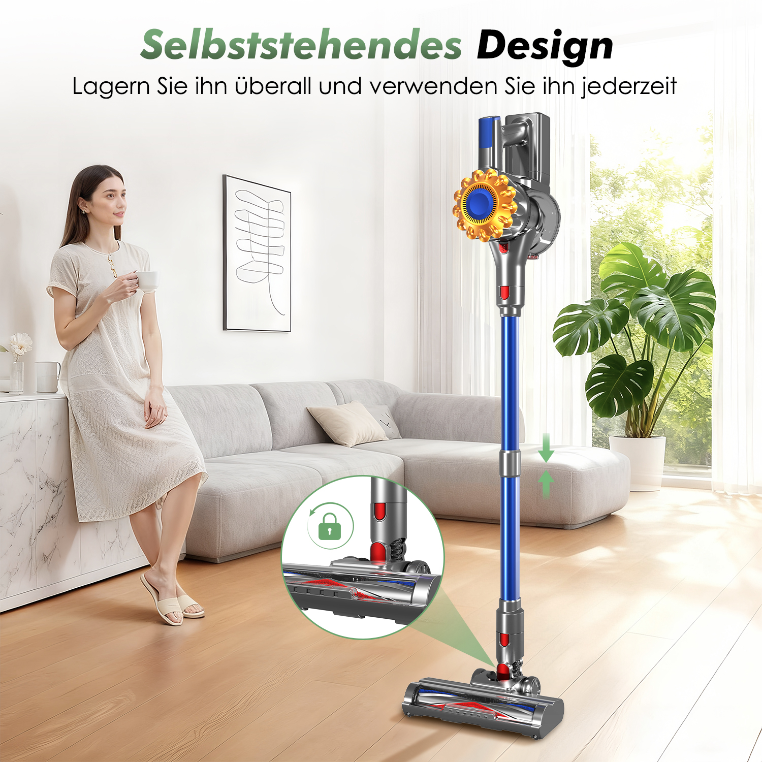 Eine Frau steht neben einem Sofa in der Nähe eines Staubsaugers. Der Staubsauger ist blau und silber. Rechts ist eine Pflanze. Nahaufnahme des Kopfes.