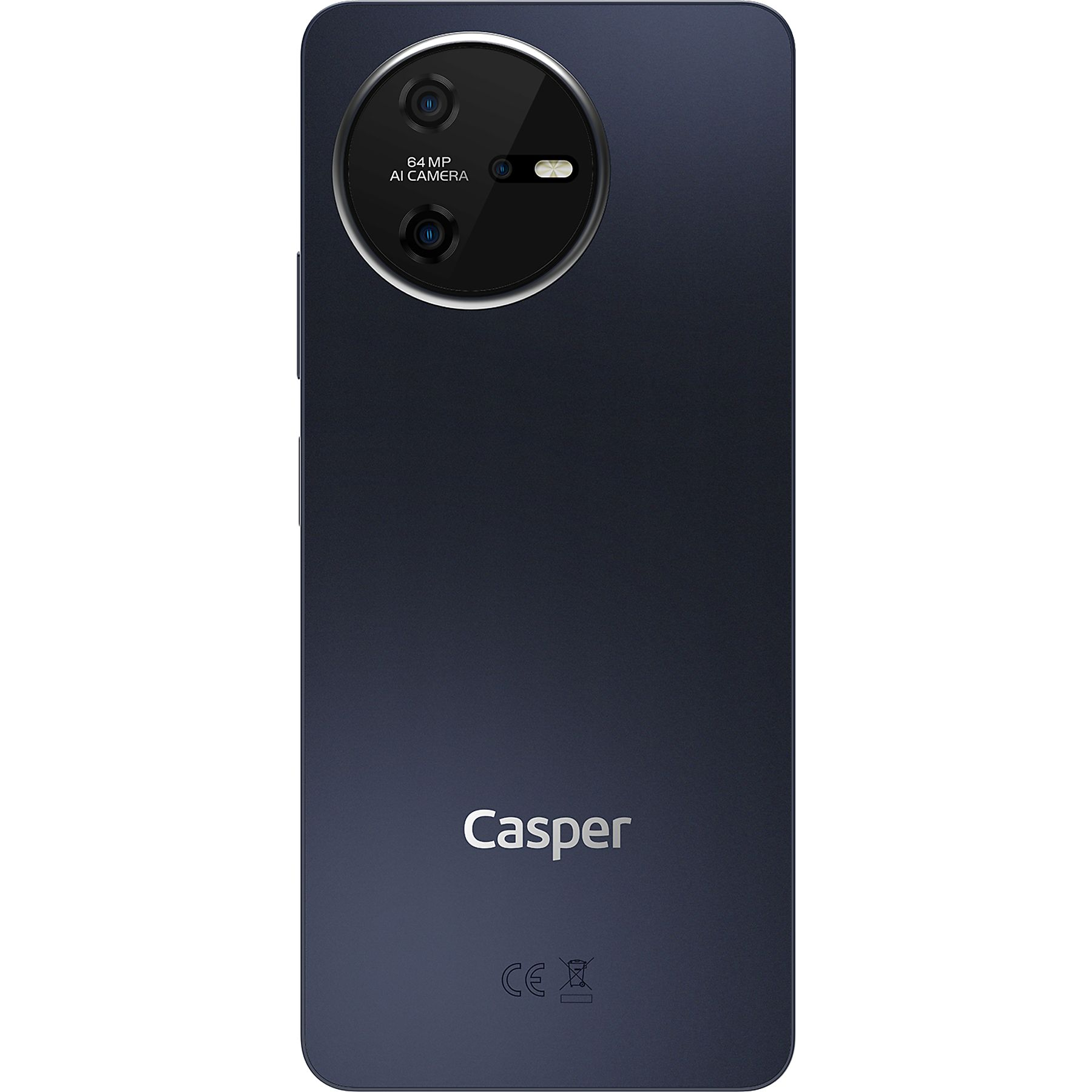 Koyu mavi Casper akıllı telefonun arka görünümü. Kamera modülü ve marka adı var.