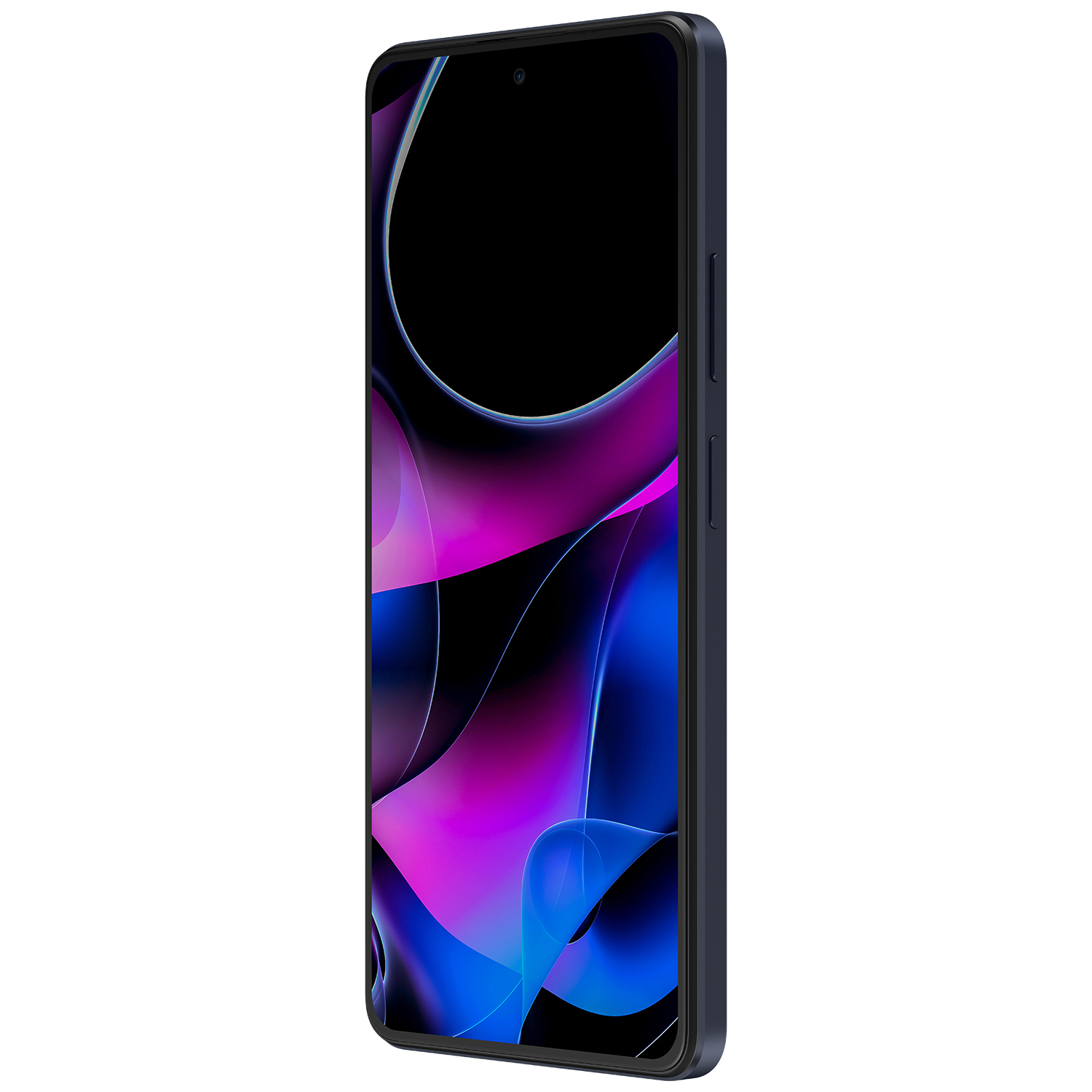 Mor ve mavi soyut sanat gösteren siyah ekranlı, koyu mavi bir akıllı telefon.