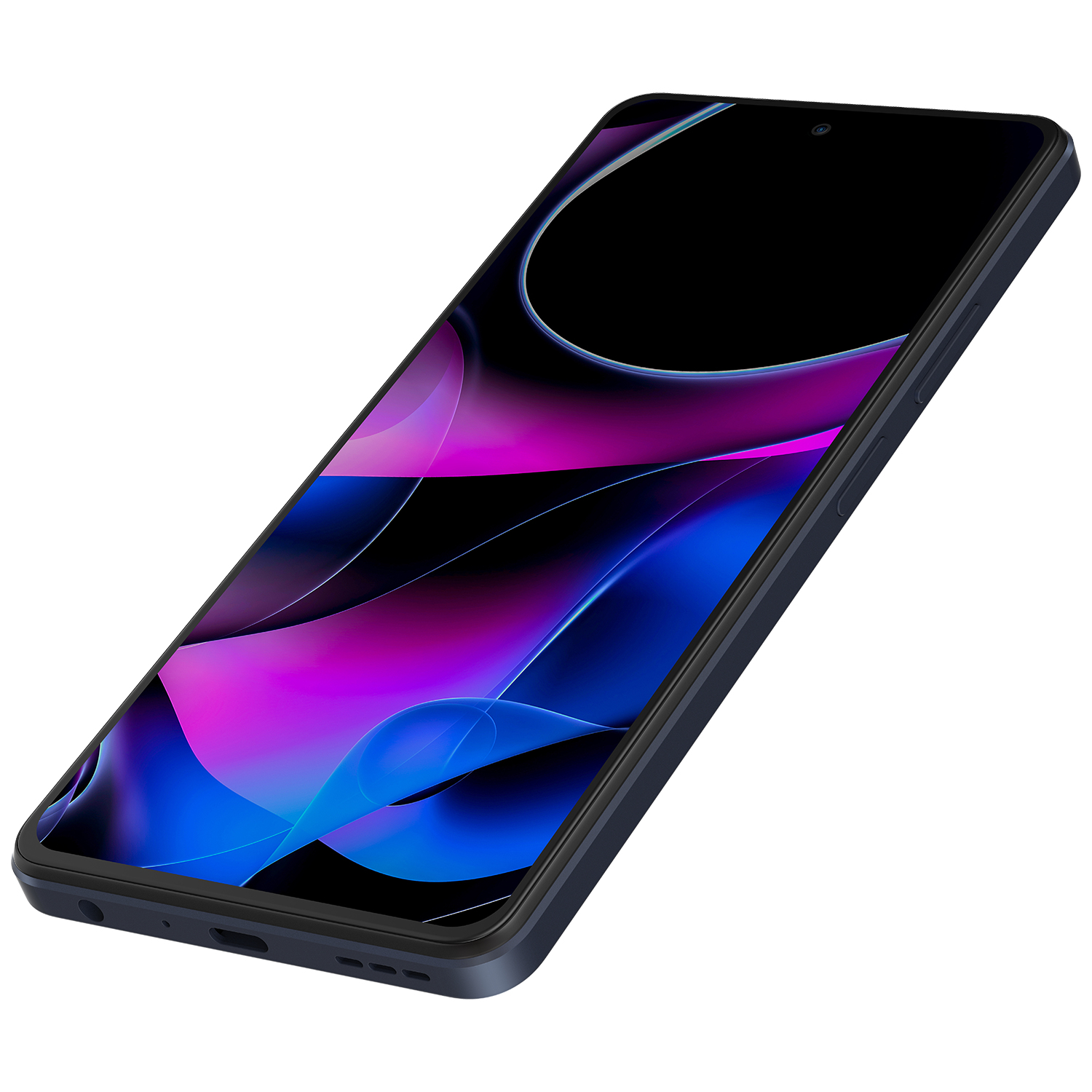 Mor ve mavinin tonlarında canlı soyut bir duvar kağıdına sahip koyu mavi bir akıllı telefon beyaz bir arka plan üzerinde görüntüleniyor.