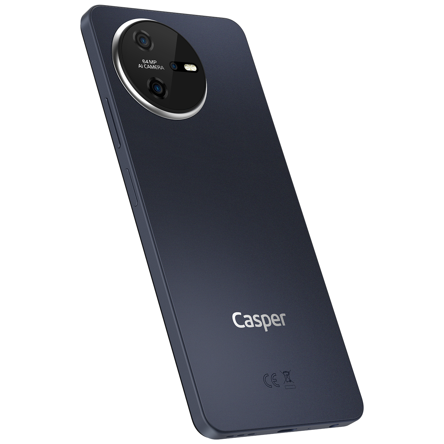 Koyu mavi bir Casper akıllı telefon hafifçe eğik. Yuvarlak bir kamera modülüne ve arkada Casper logosuna sahip.