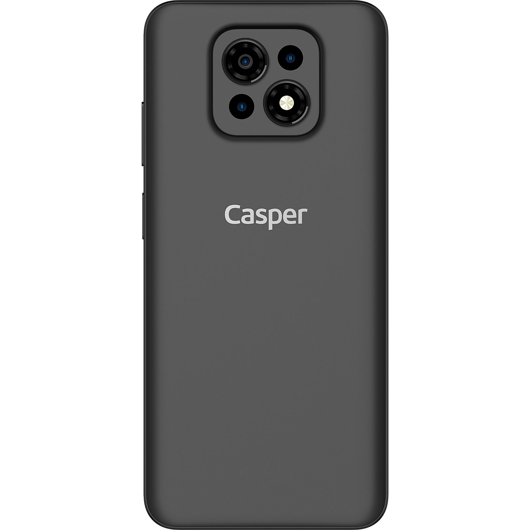 Koyu gri akıllı telefon arkası. Birden fazla kamerası ve Casper logosu var. Yan tuşlar görünür.