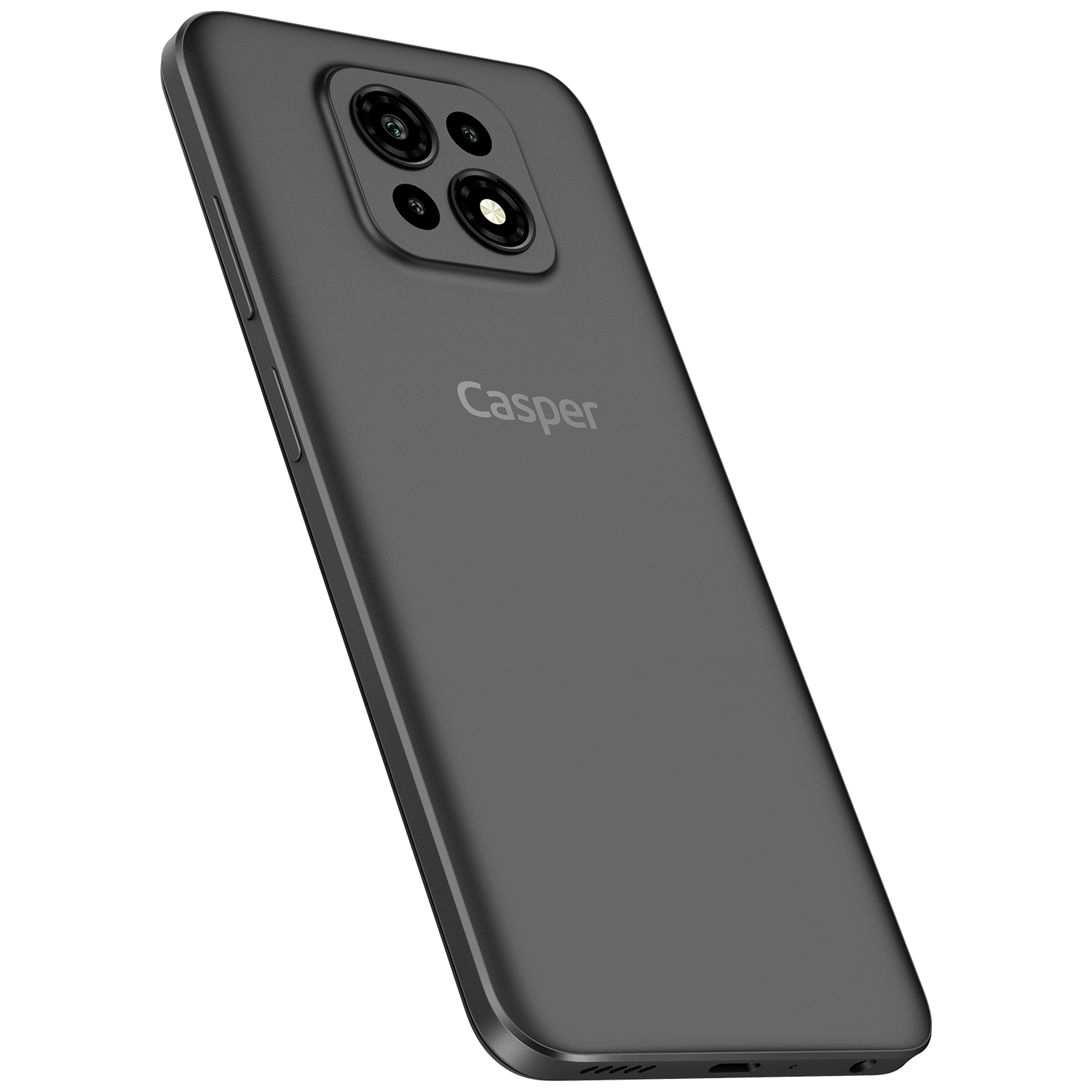 Açılı duran, koyu gri bir Casper akıllı telefon. Arkasında kamera lensleri ve marka adı var. Telefon beyaz bir arka plan üzerinde.