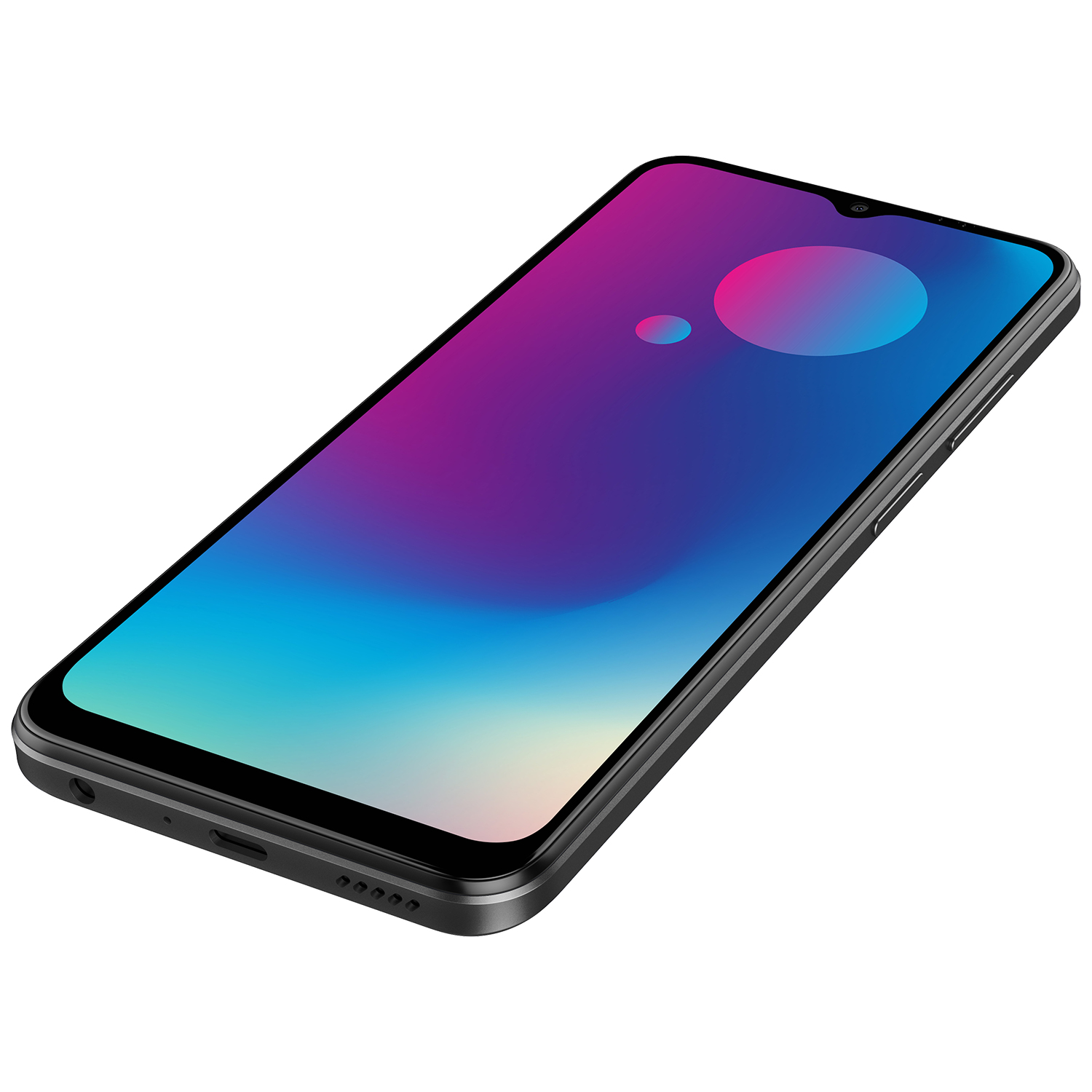 Açılı bir görünümde bir akıllı telefon. Ekran mavi, mor ve pembe bir degrade görüntüler. Telefon siyah, küçük bir kameraya sahip.