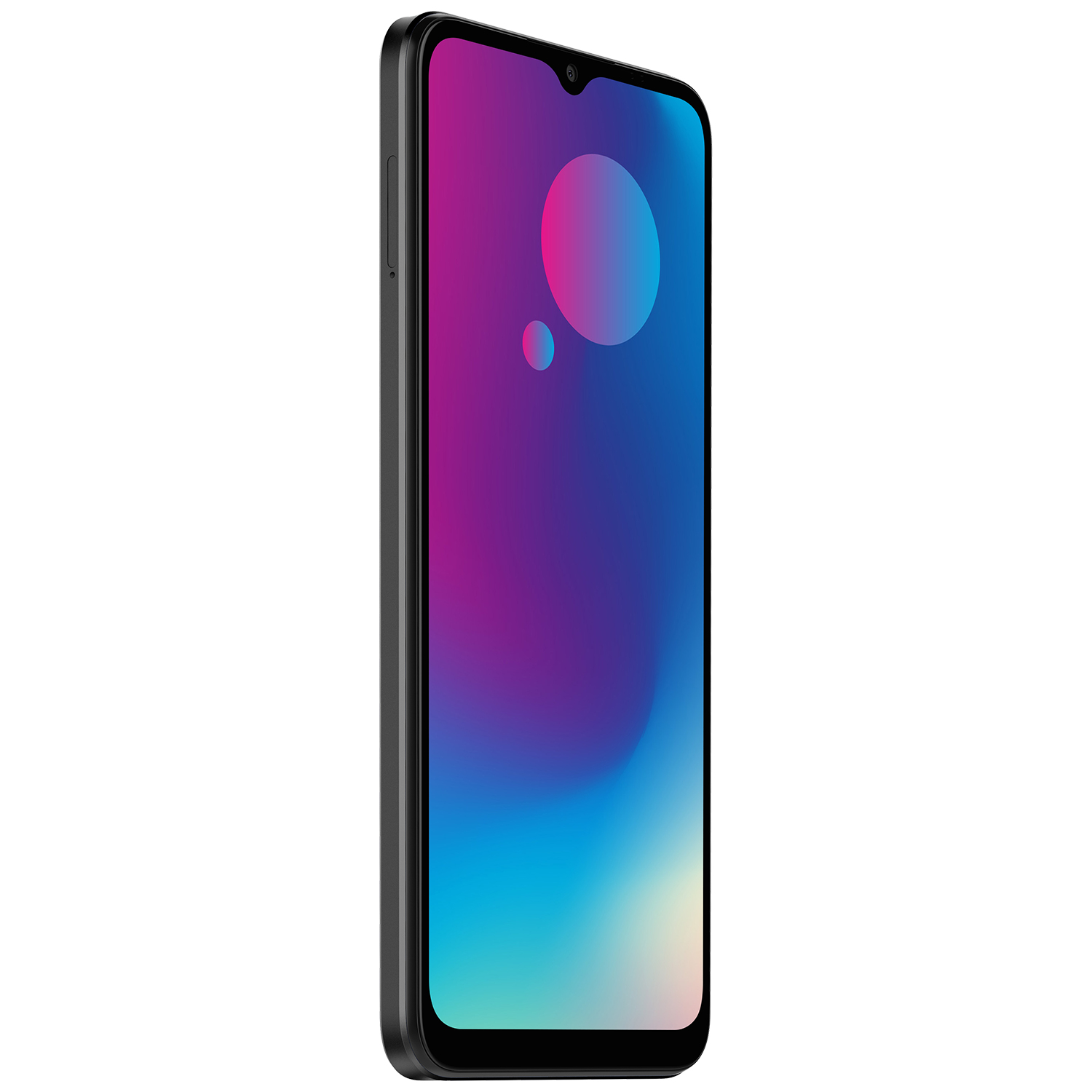 Siyah çerçeveli bir akıllı telefon, ekranda mor, mavi ve beyaz renklerin geçişini gösteriyor, beyaz zemin üzerinde izole edilmiş.