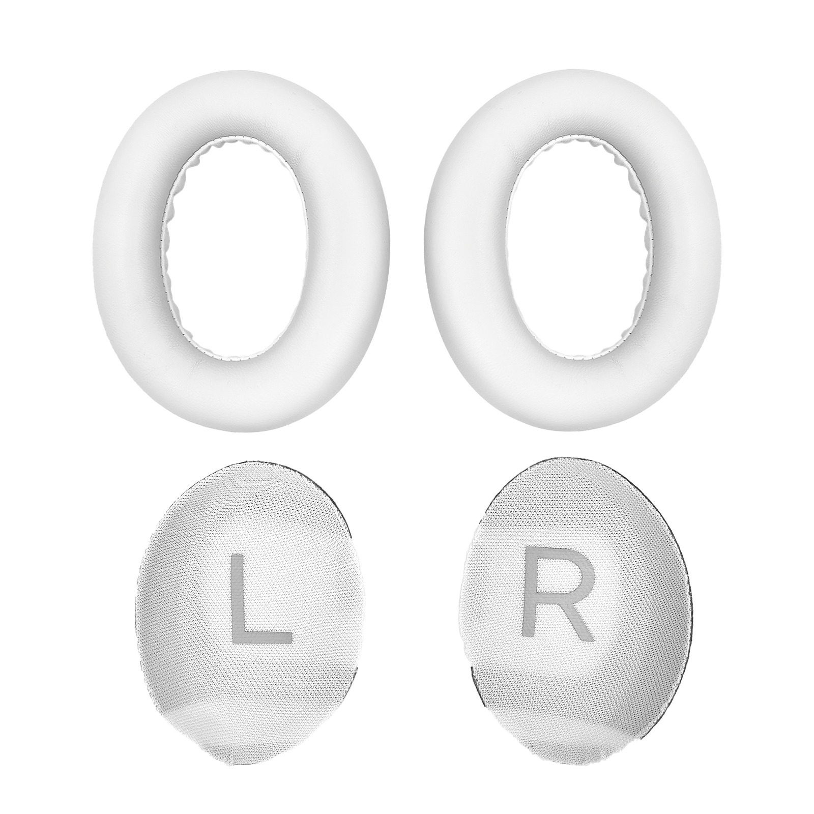 Dwie białe poduszki na uszy i dwie szare osłony słuchawek. Litery L i R są na osłonach.