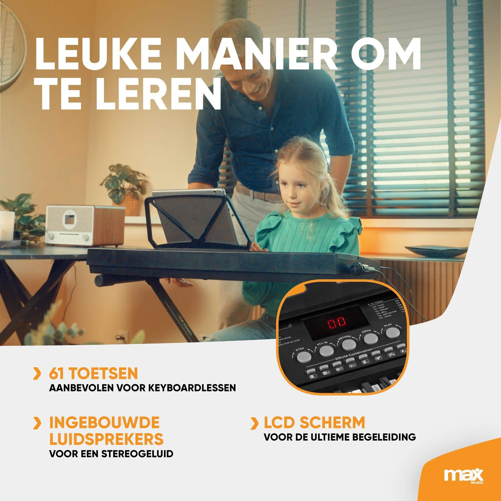 Un hombre y una niña tocan el teclado. El teclado tiene una pantalla y botones. El texto dice 'Leuke manier om te leren'.