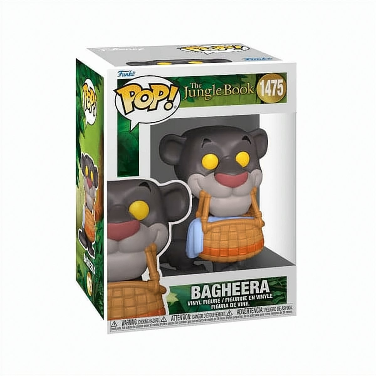 Eine Funko Pop-Box mit Bagheera aus dem Dschungelbuch. Bagheera ist ein schwarzer Panther, der einen Korb hält. Die Box hat Text und Illustrationen.