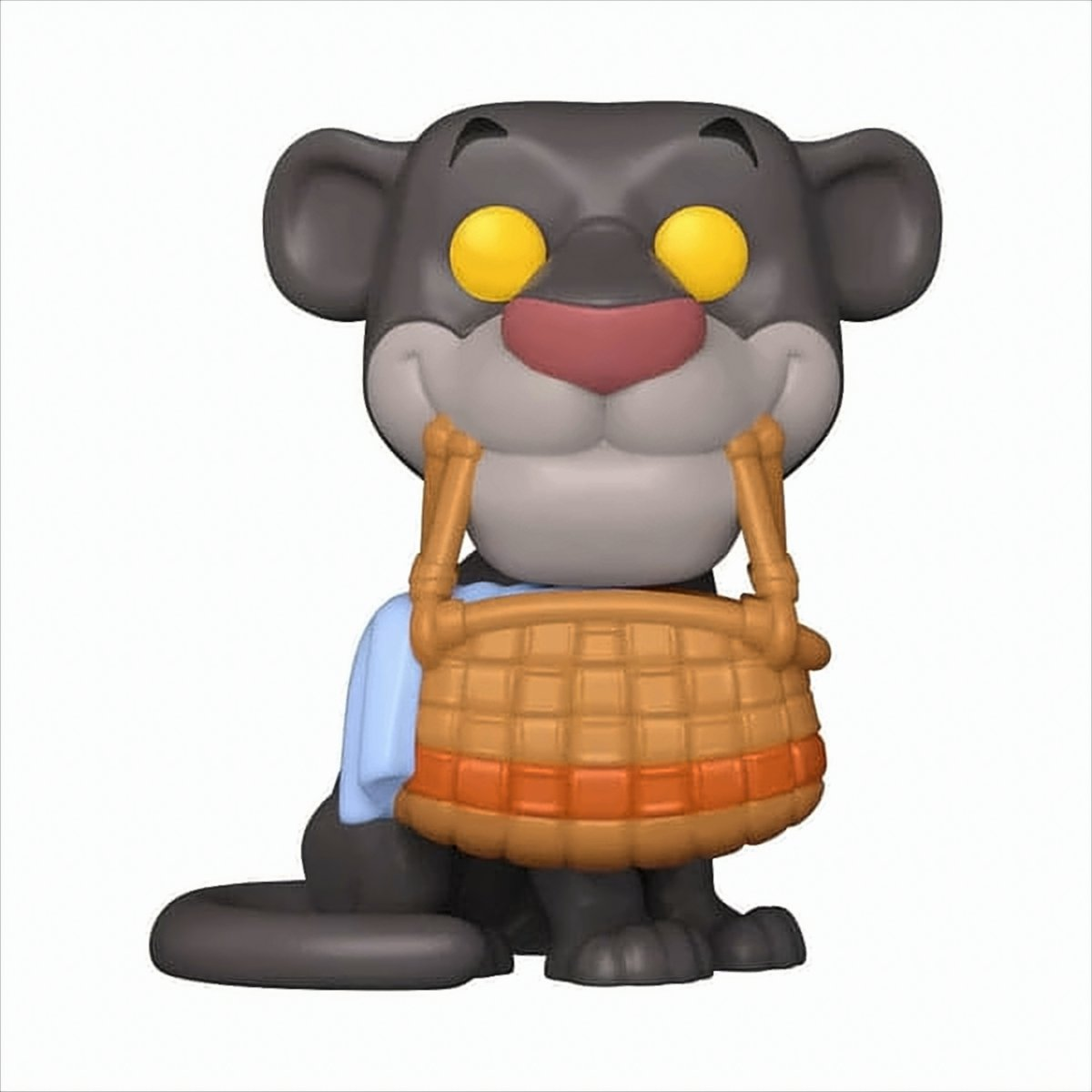Eine Figur von Bagheera aus dem Dschungelbuch. Er ist schwarz mit gelben Augen, rosa Nase und hält einen Korb. Trägt ein blaues Hemd.