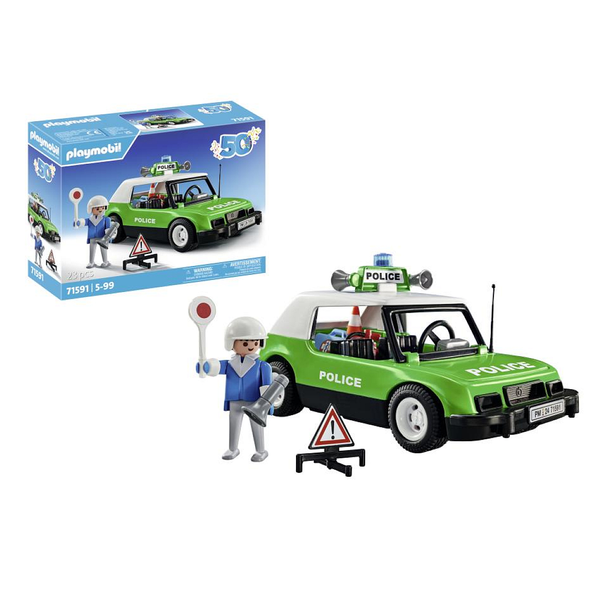 Zielono-biały radiowóz Playmobil z figurką policjanta, znakiem stopu i znakiem ostrzegawczym. Pudełko jest w tle.