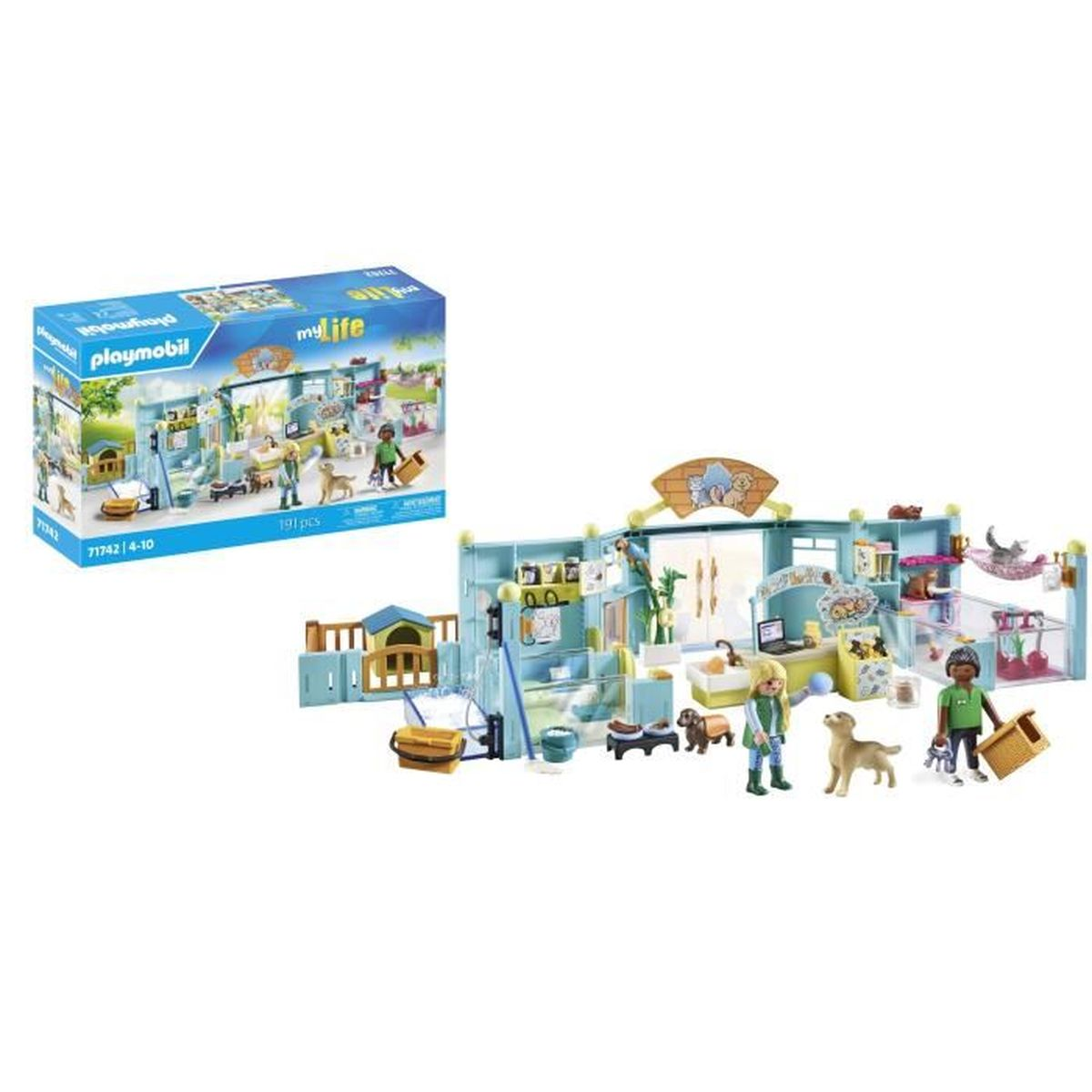 Un set de clínica veterinaria Playmobil con figuras y animales. Incluye un edificio, caja y figuras con accesorios.
