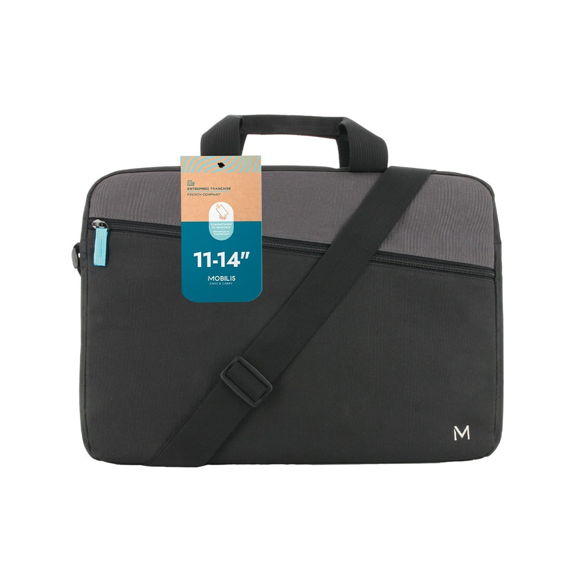 Una borsa per laptop nera e grigia con manico e tracolla. Ha un'etichetta con testo e la lettera 'M' a destra.
