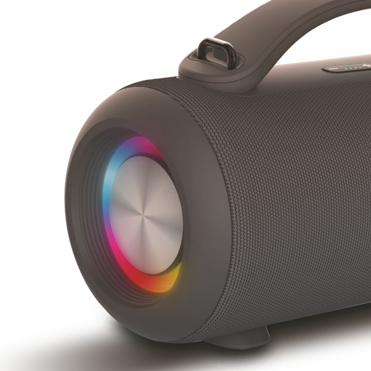 Ciemnoszary głośnik z uchwytem. Głośnik ma świetlisty pierścień z tęczowymi kolorami.