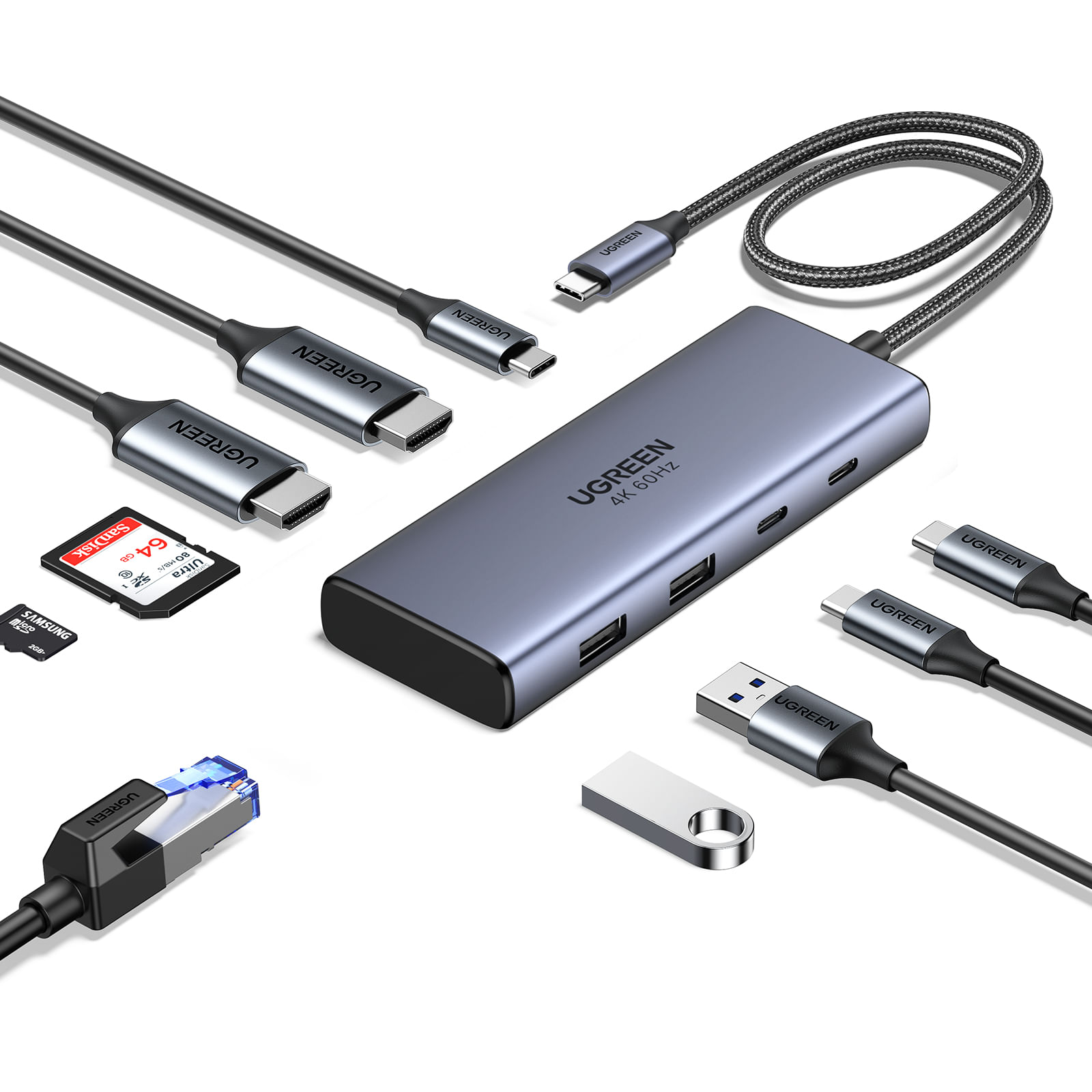 Hub USB-C UGREEN z wieloma portami, kartami SD i dyskami USB. Kable i karty rozrzucone wokół hubu na białym tle.